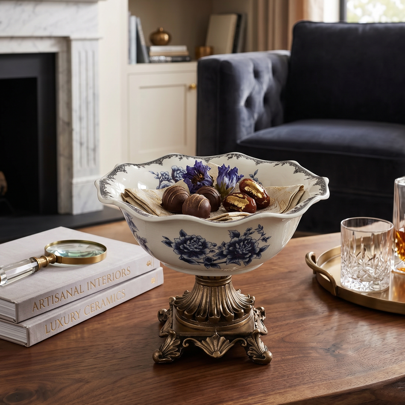 Blue Round Ceramic Bowl With Gold Base (Large)