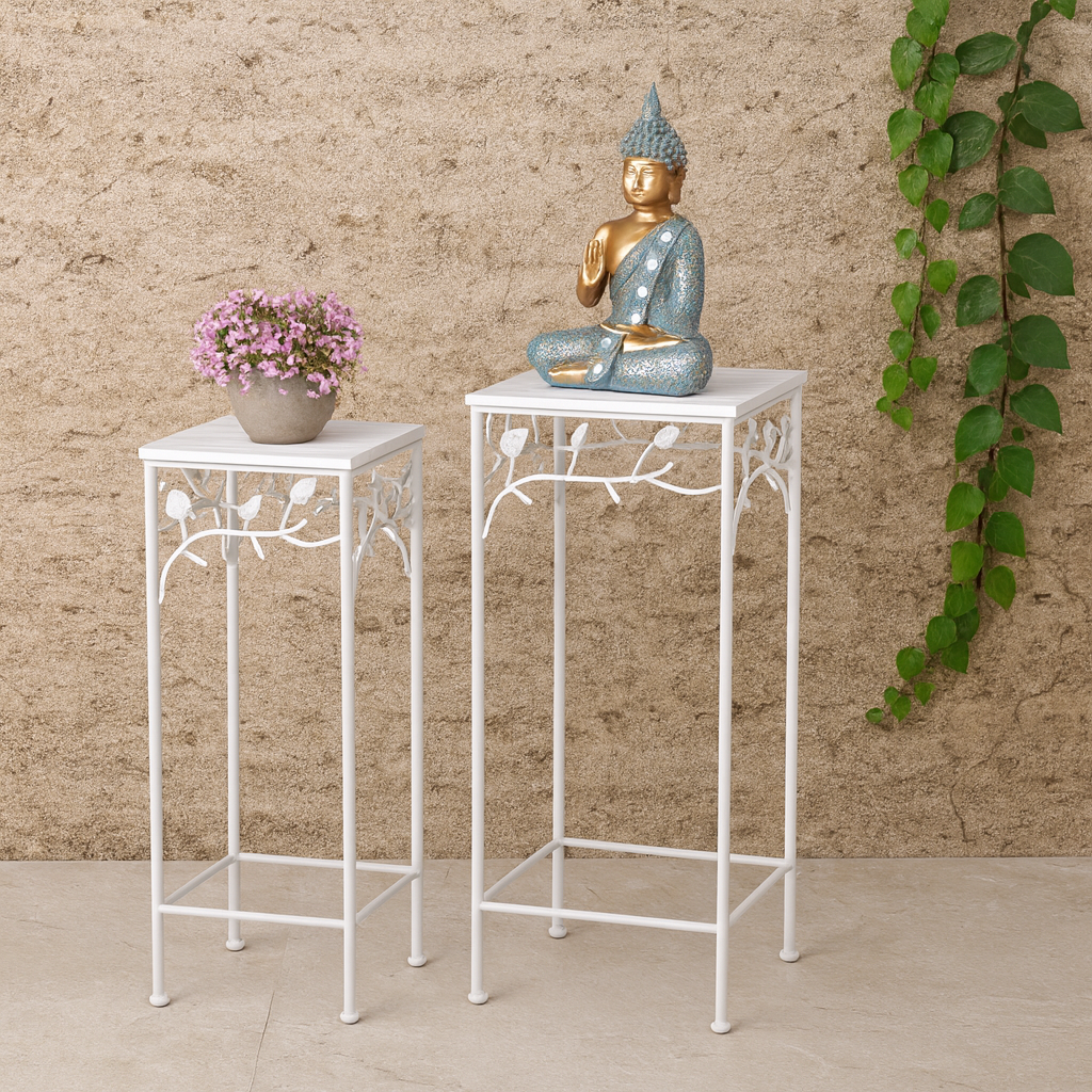 Square Bird Pattern Wood & Metal Tables (Set of 2)