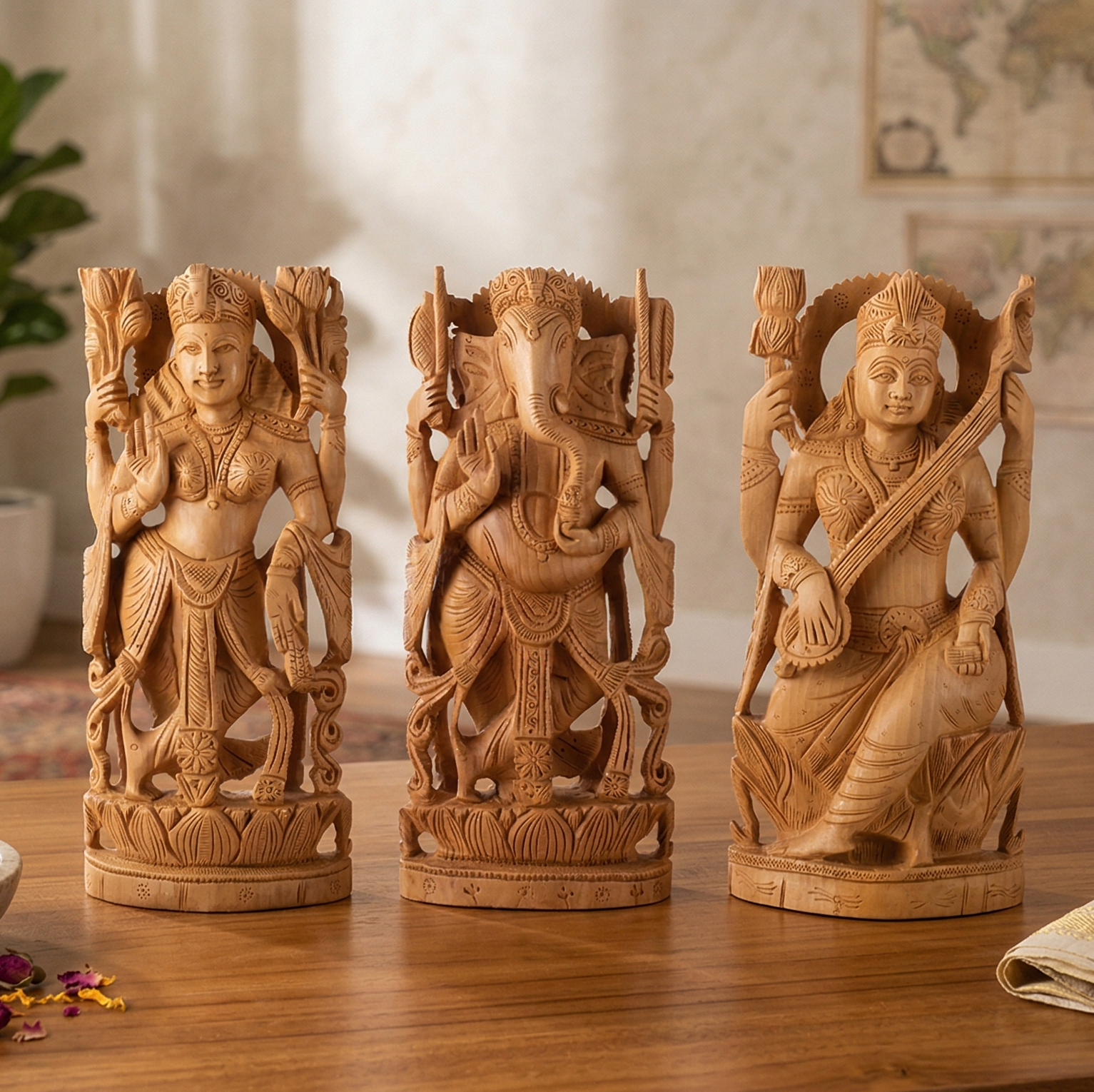 Ganesh Lakshmi Saraswati Wooden Carved Idols (Single)