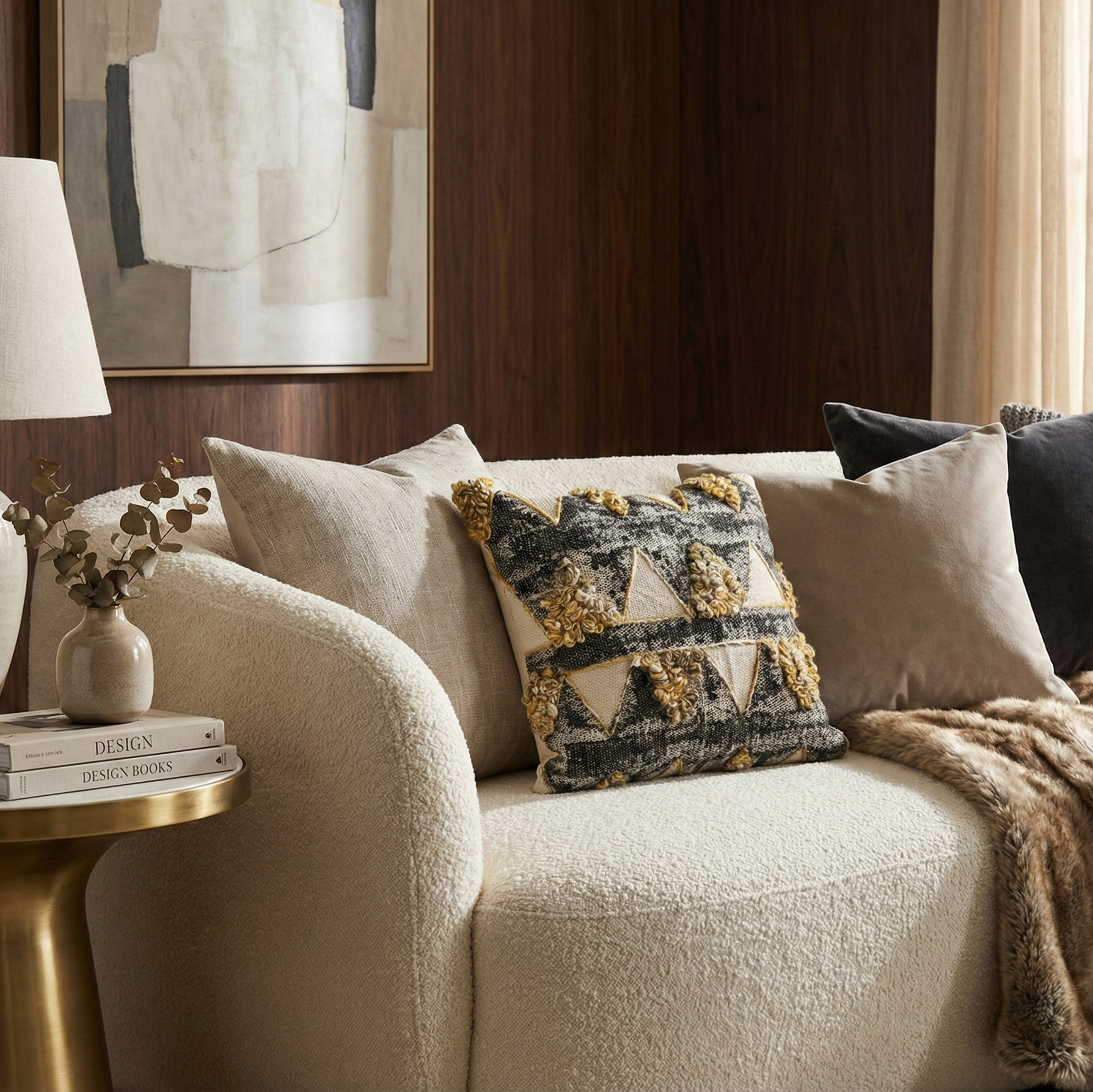 Embroidered Contemporary Cushion Cover (Black-Beige Triangles)