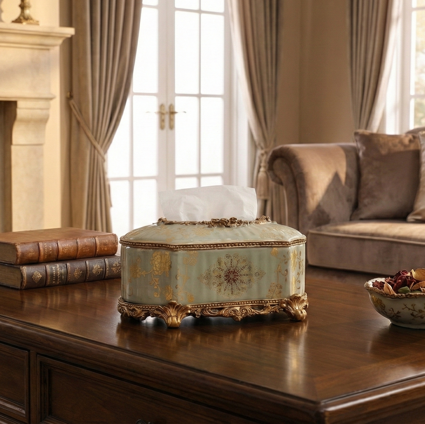 Regalia Gold and Blue Grey Tissue Holder
