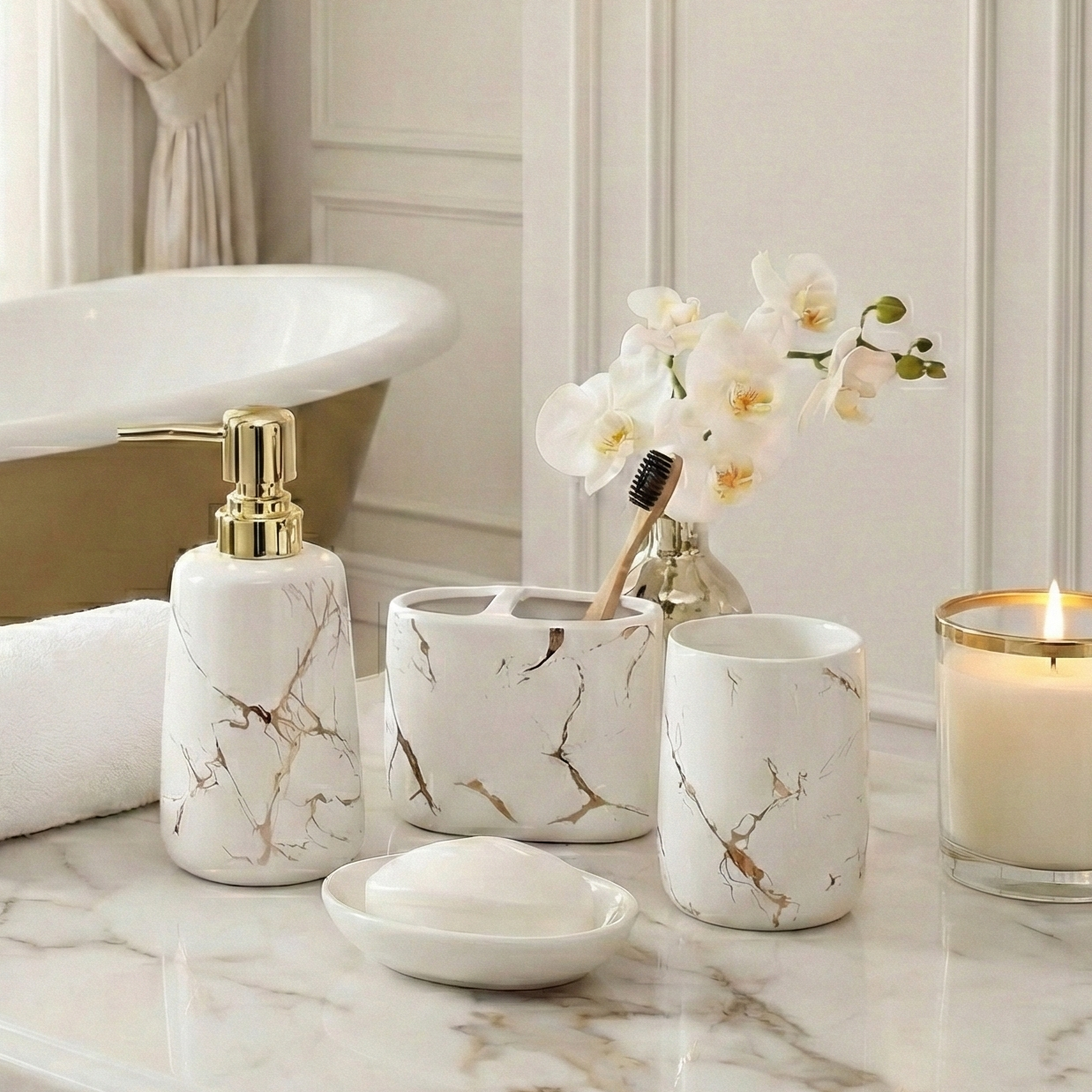 White-Gold Marble Pattern 4 Piece Bath Set