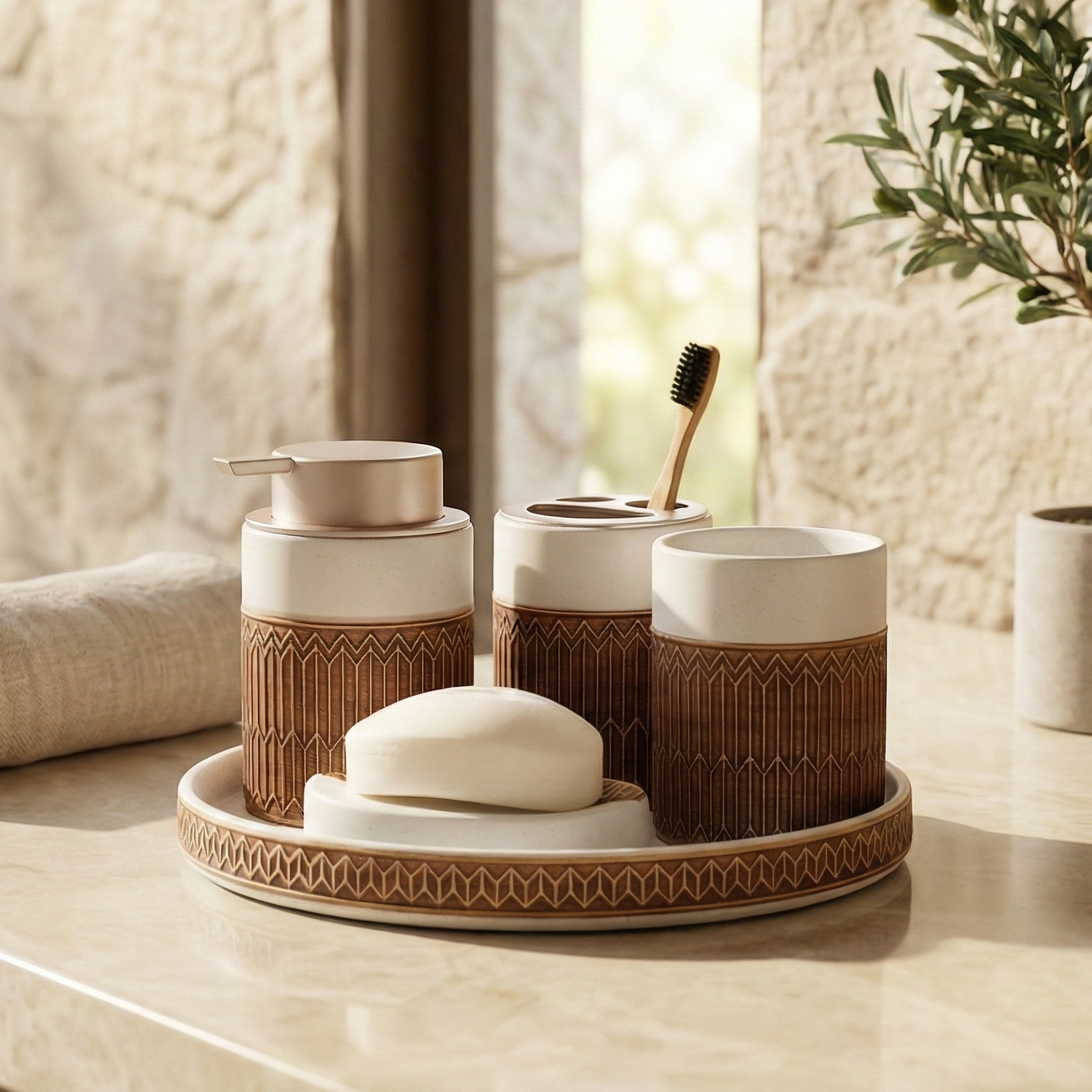 Aztec Pattern 5 Piece Bath Set (White)