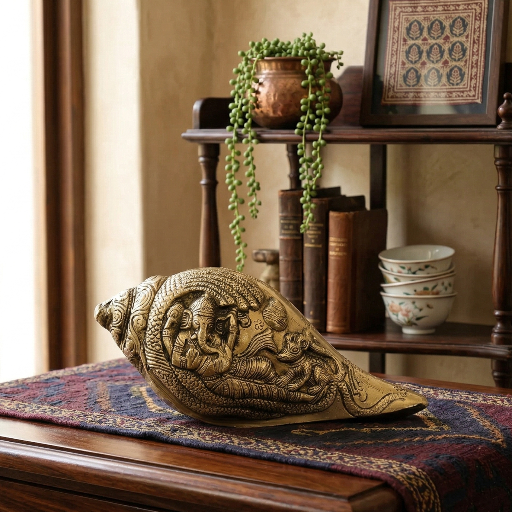 Handcrafted Brass Shankh - Ganesh Detailing