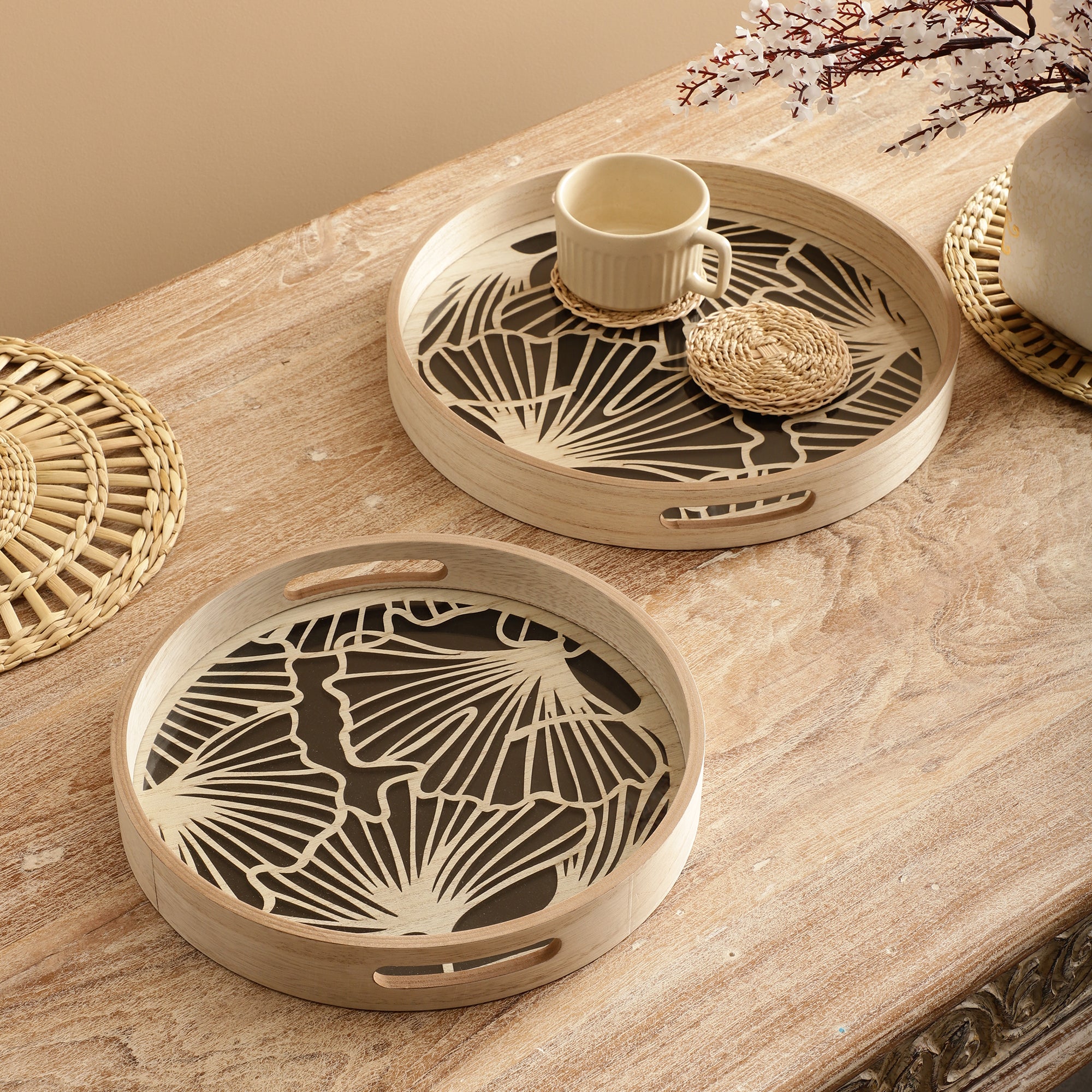 Floral Round Wooden Serving Trays (Set of 2)