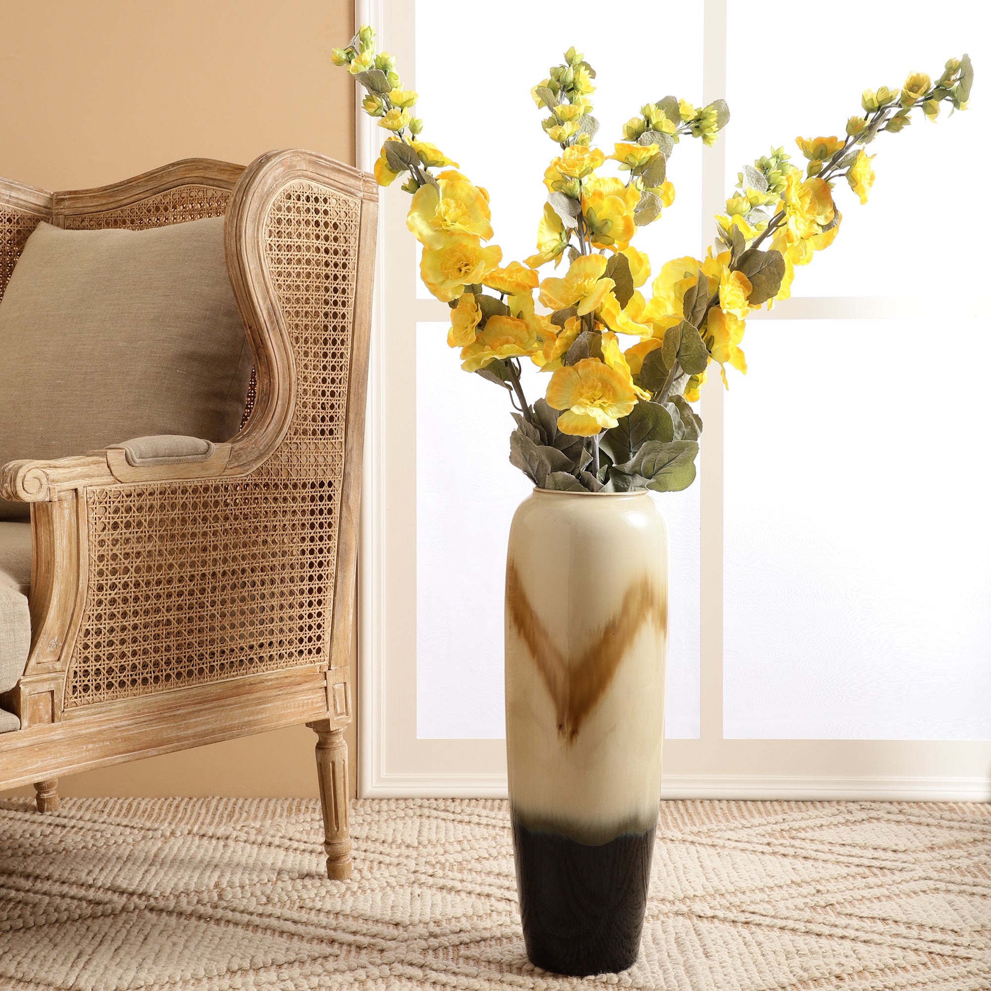 Sunshine Yellow Hollyhock Faux Flower Stick (Single)