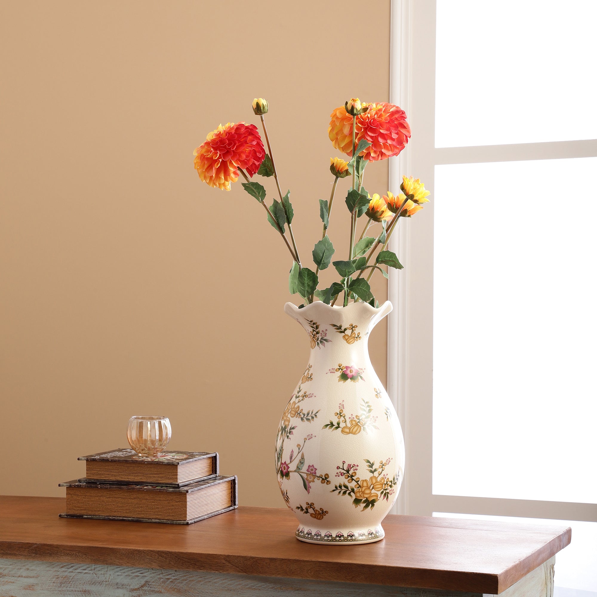 Yellow Orange Dahlia Faux Flower Stick (Single)