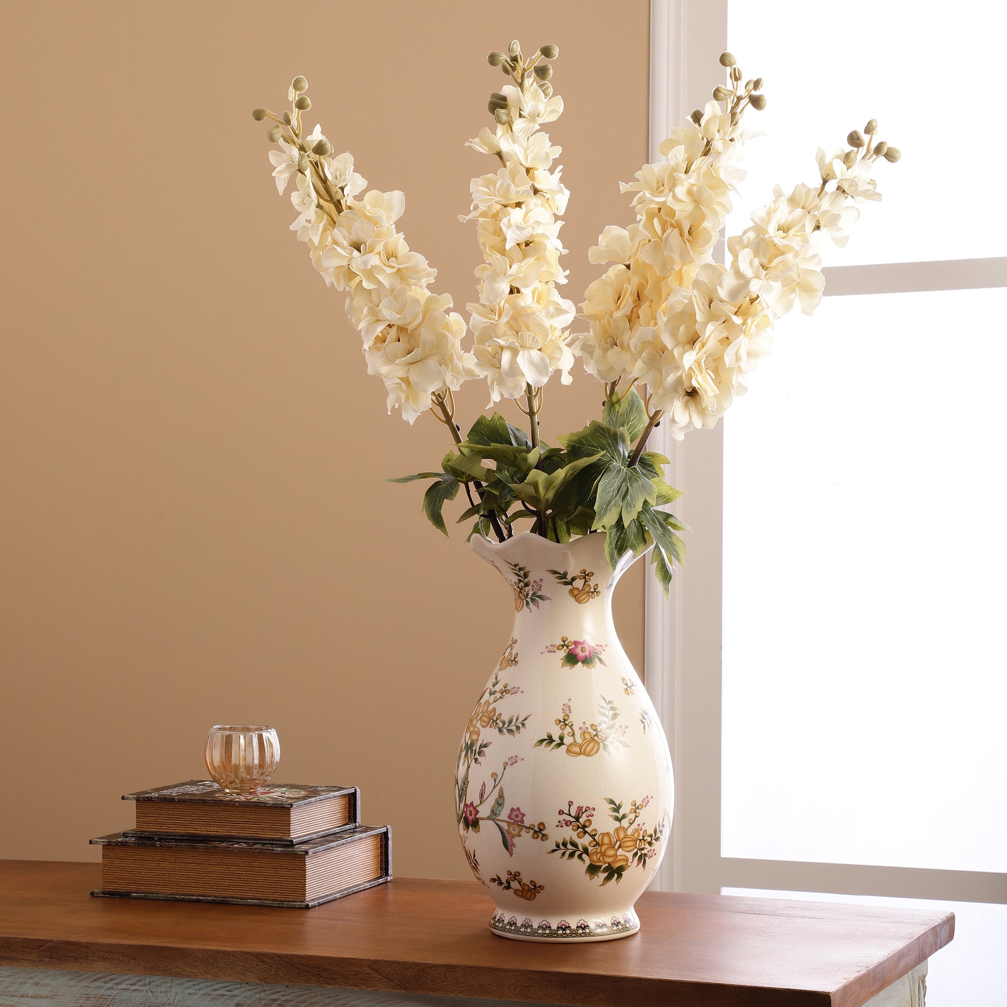 White Delphinium Leafy Faux Flower Stick (Single)