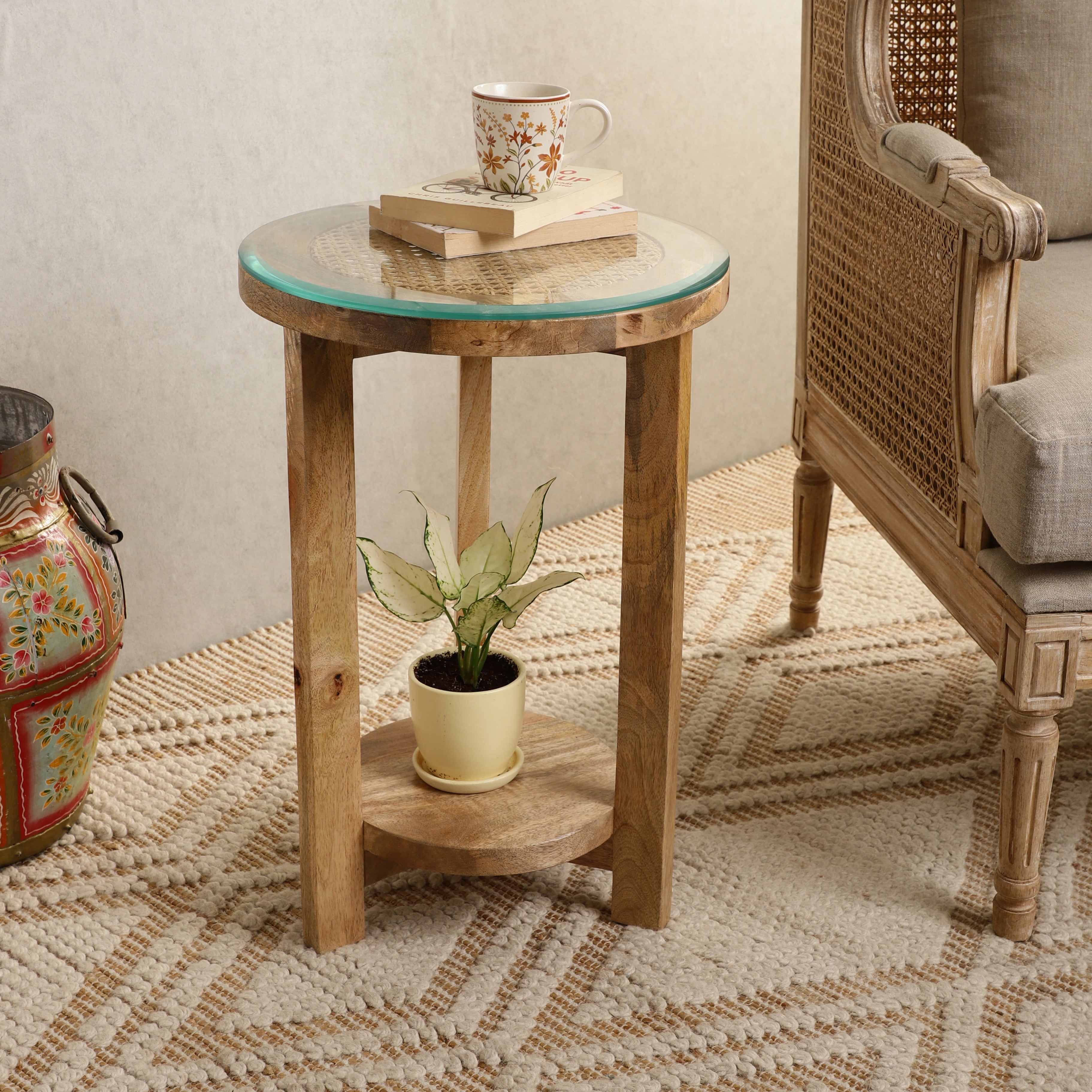 Cane Glass Top Wooden Side Table