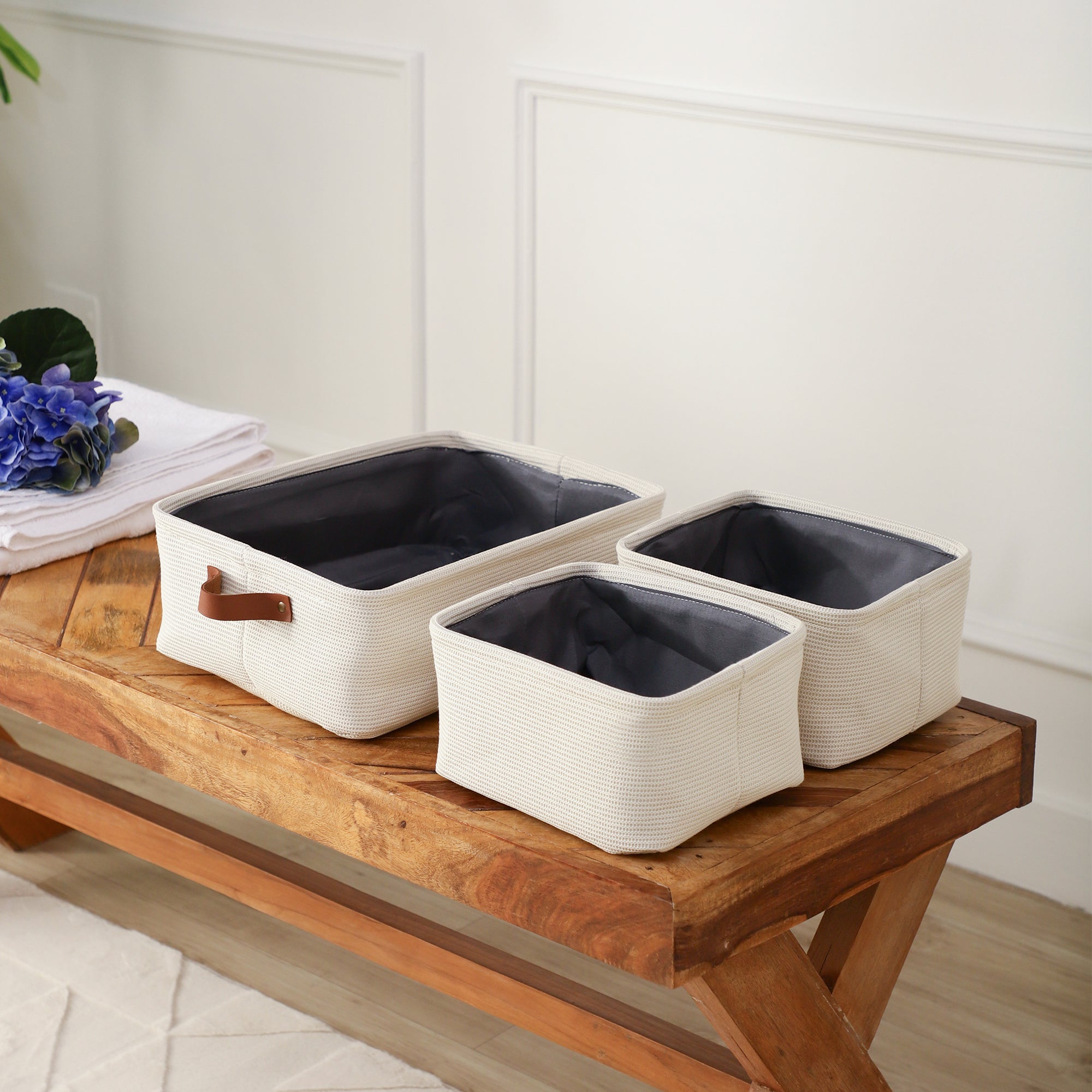 Off-White Storage Set with Leather Pulls (Set of 3)