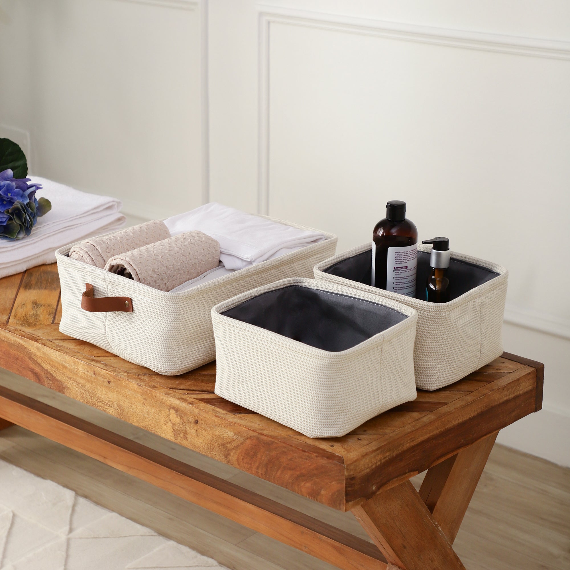 Off-White Storage Set with Leather Pulls (Set of 3)