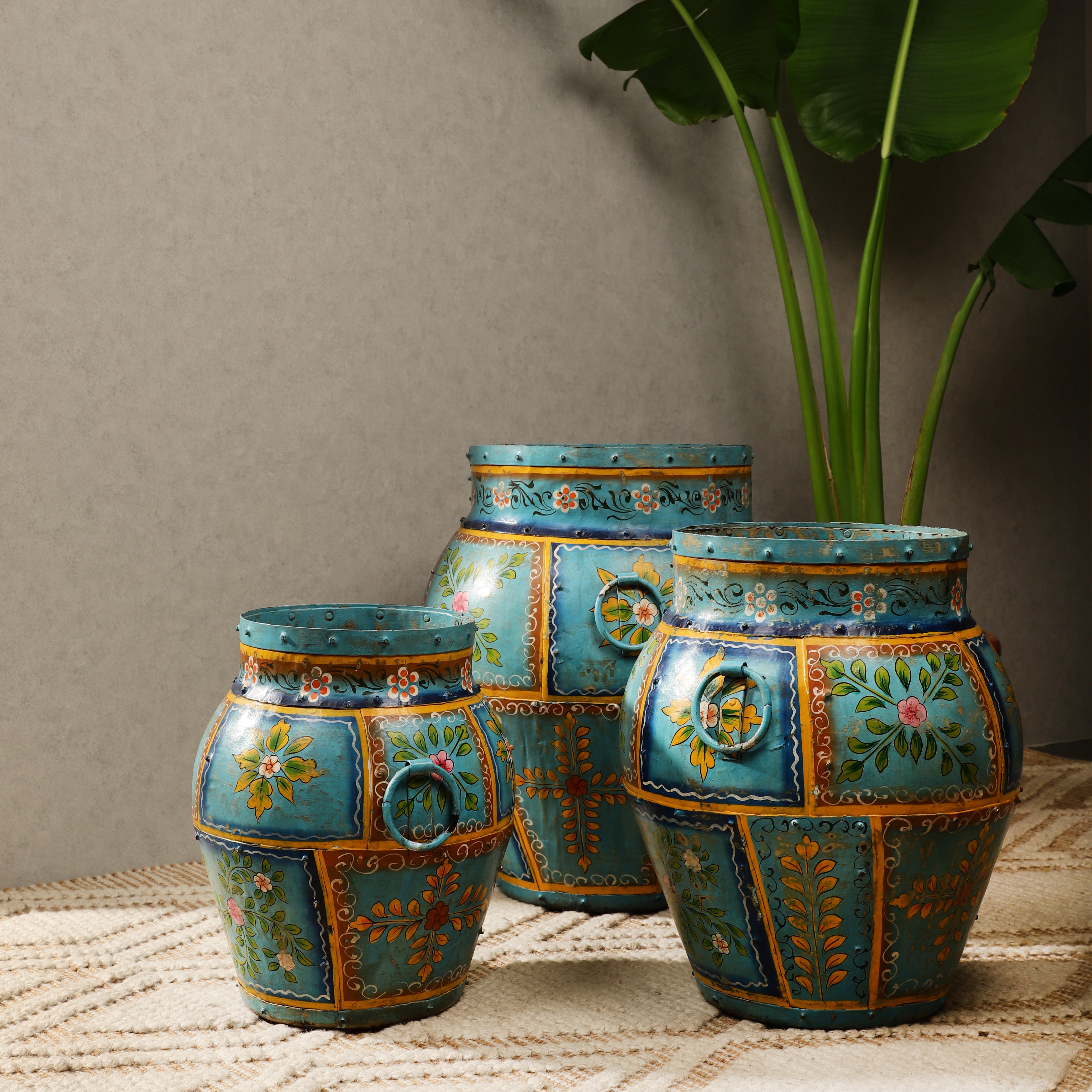 Blue Handpainted Long Metal Pot (Single)