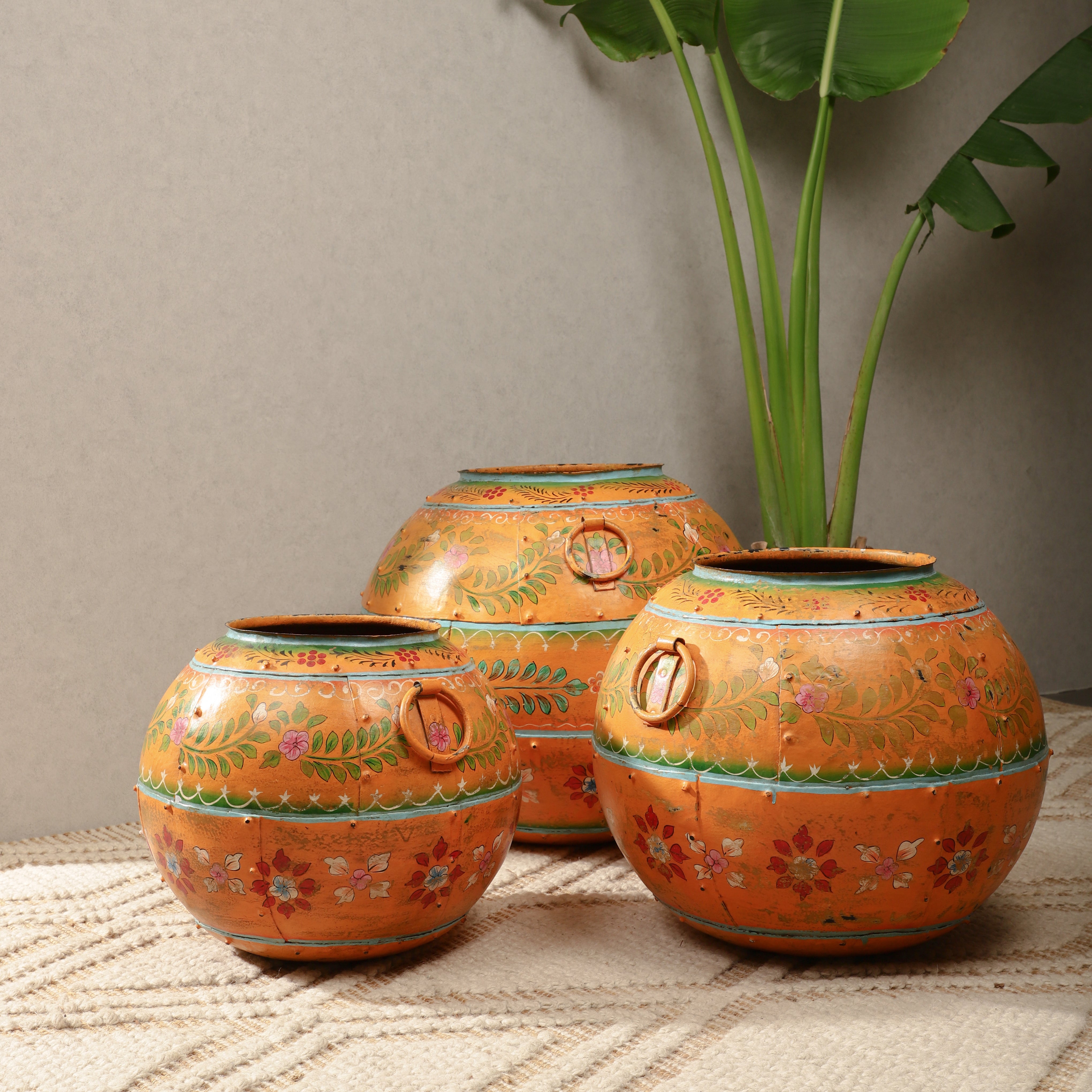 Orange Handpainted Round Metal Pot (Single)