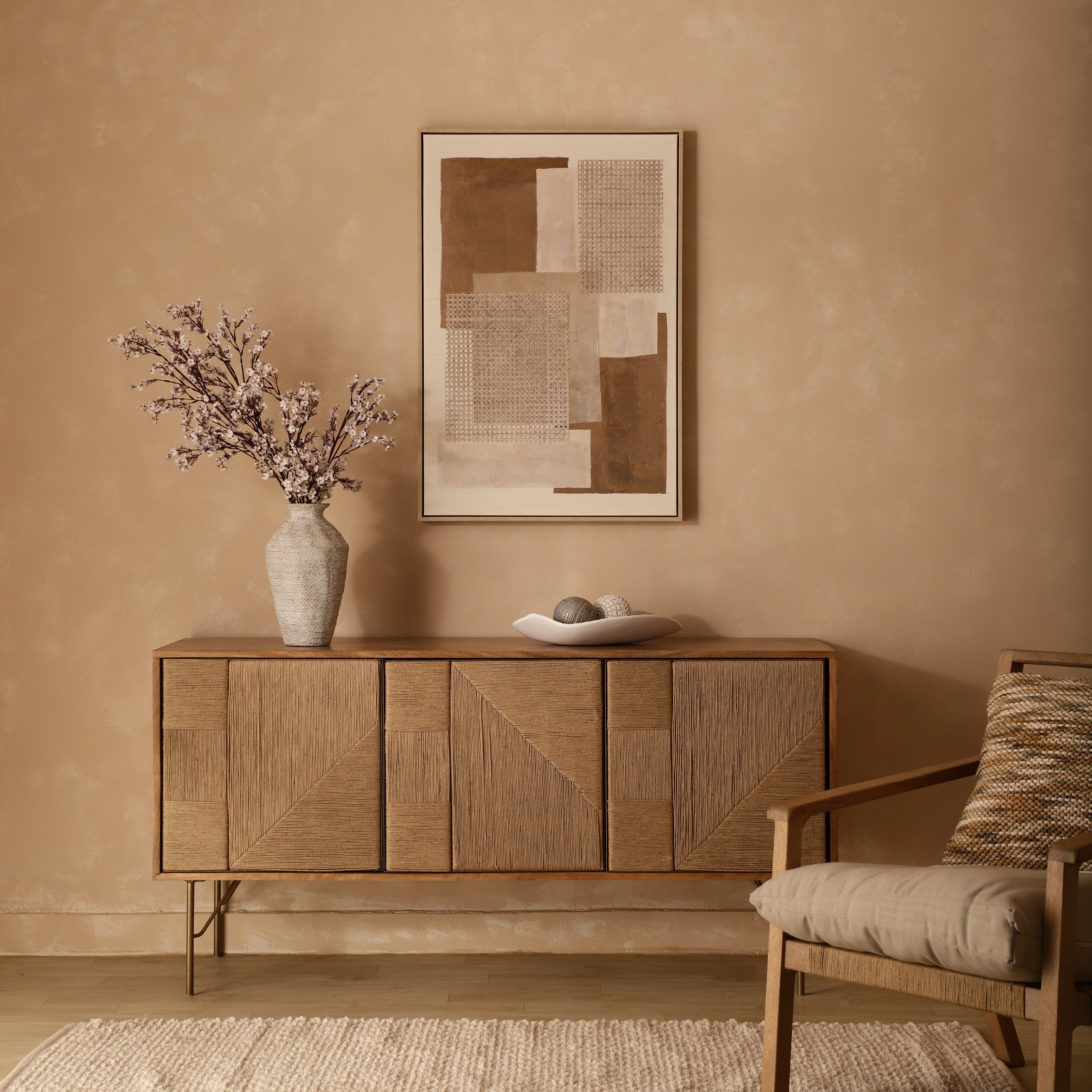 Hand-Painted Geometric Rattan Canvas Wall Art