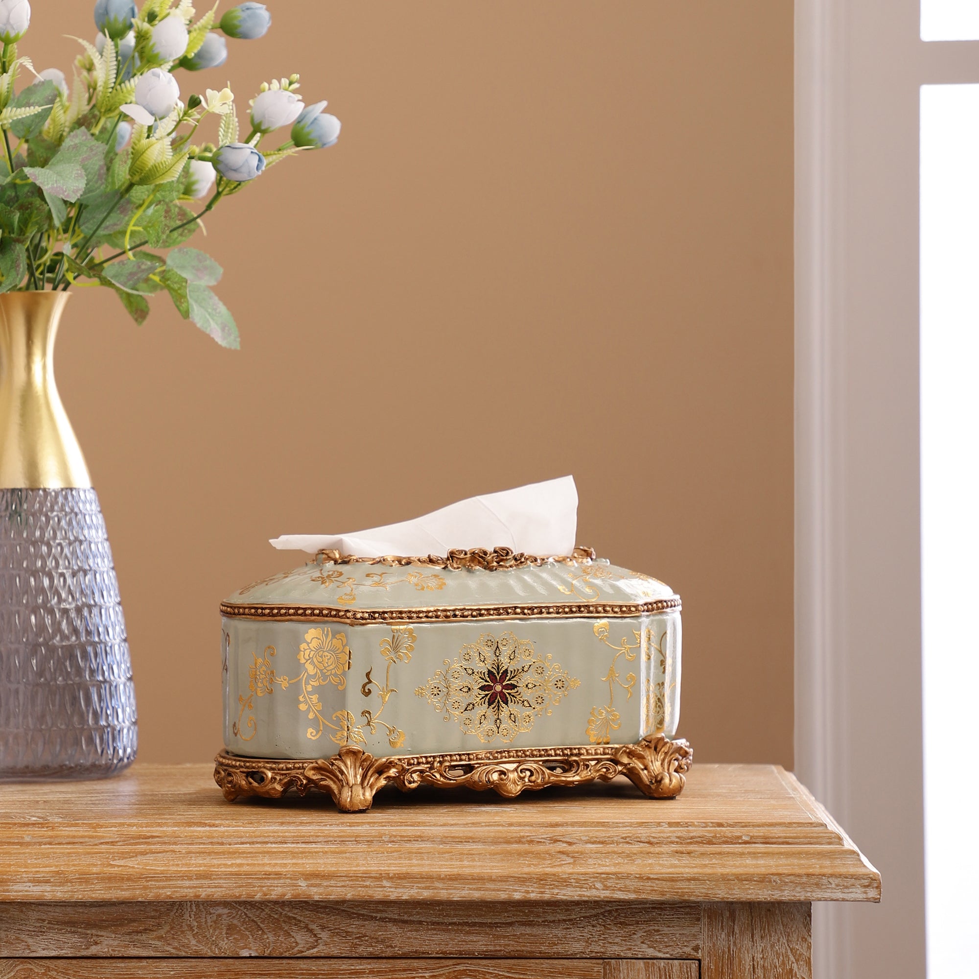 Regalia Gold and Blue Grey Tissue Holder