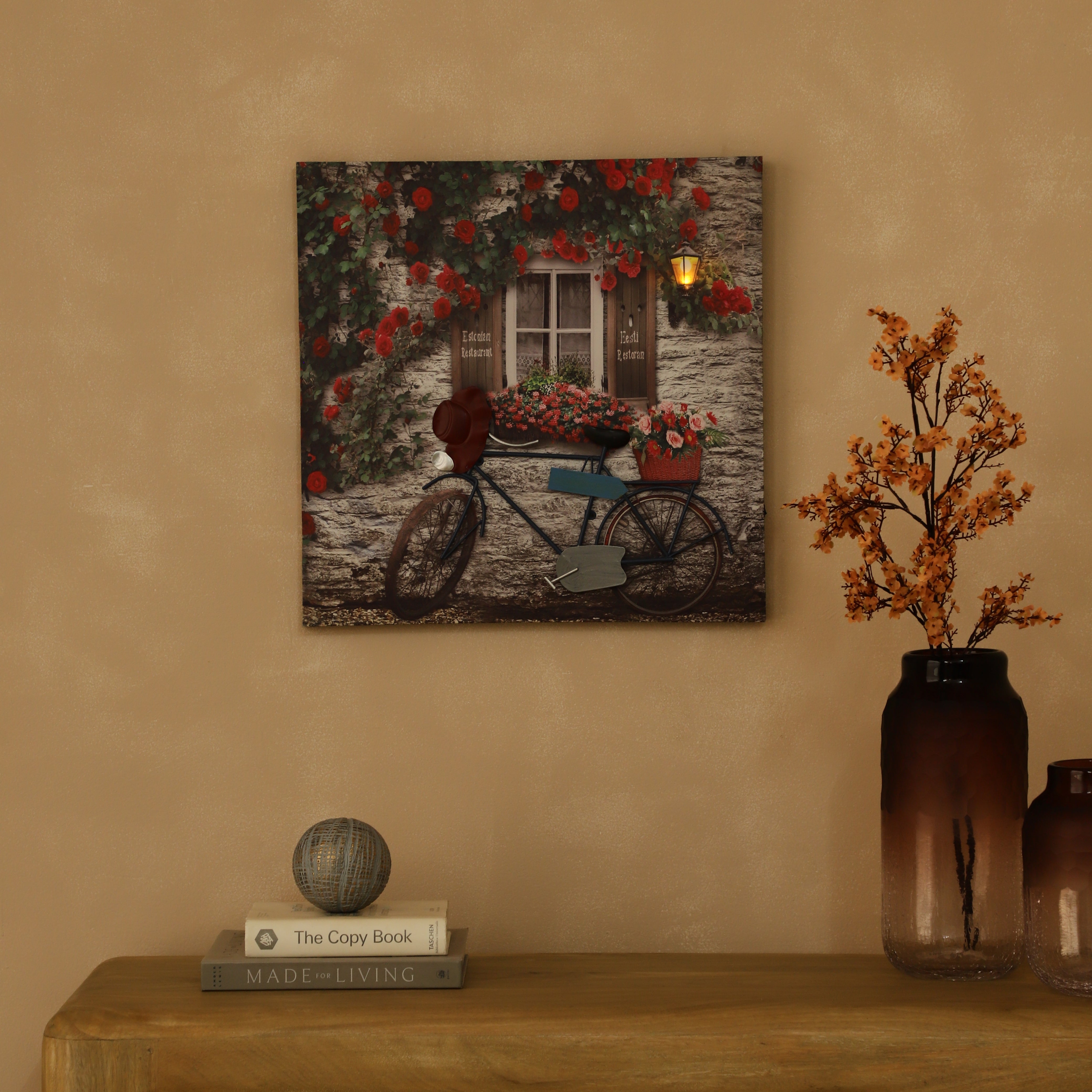 Rose-Draped Bicycle Canvas Art with Battery-Powered Light