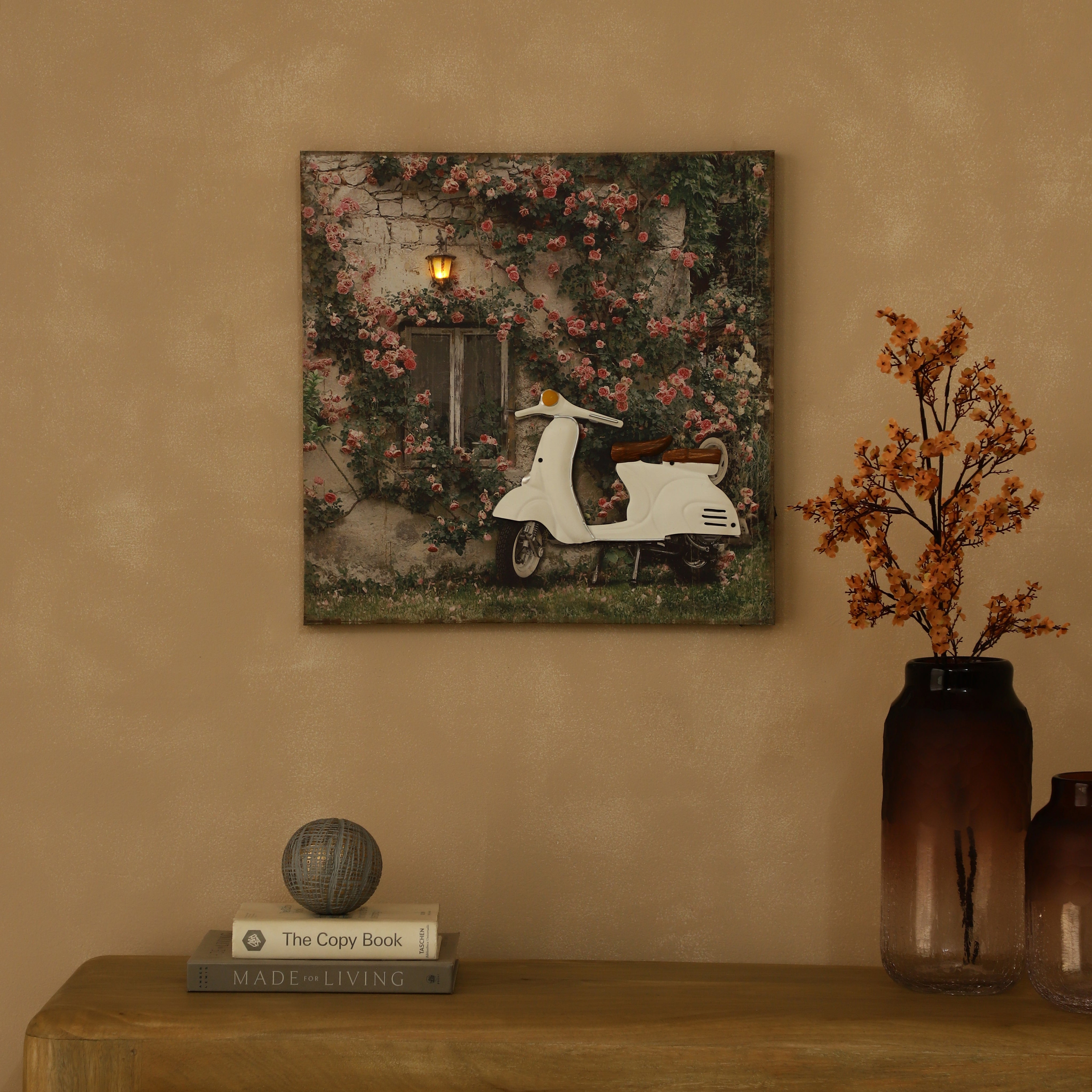 White Vespa & Garden Canvas Art with Battery-Powered Light