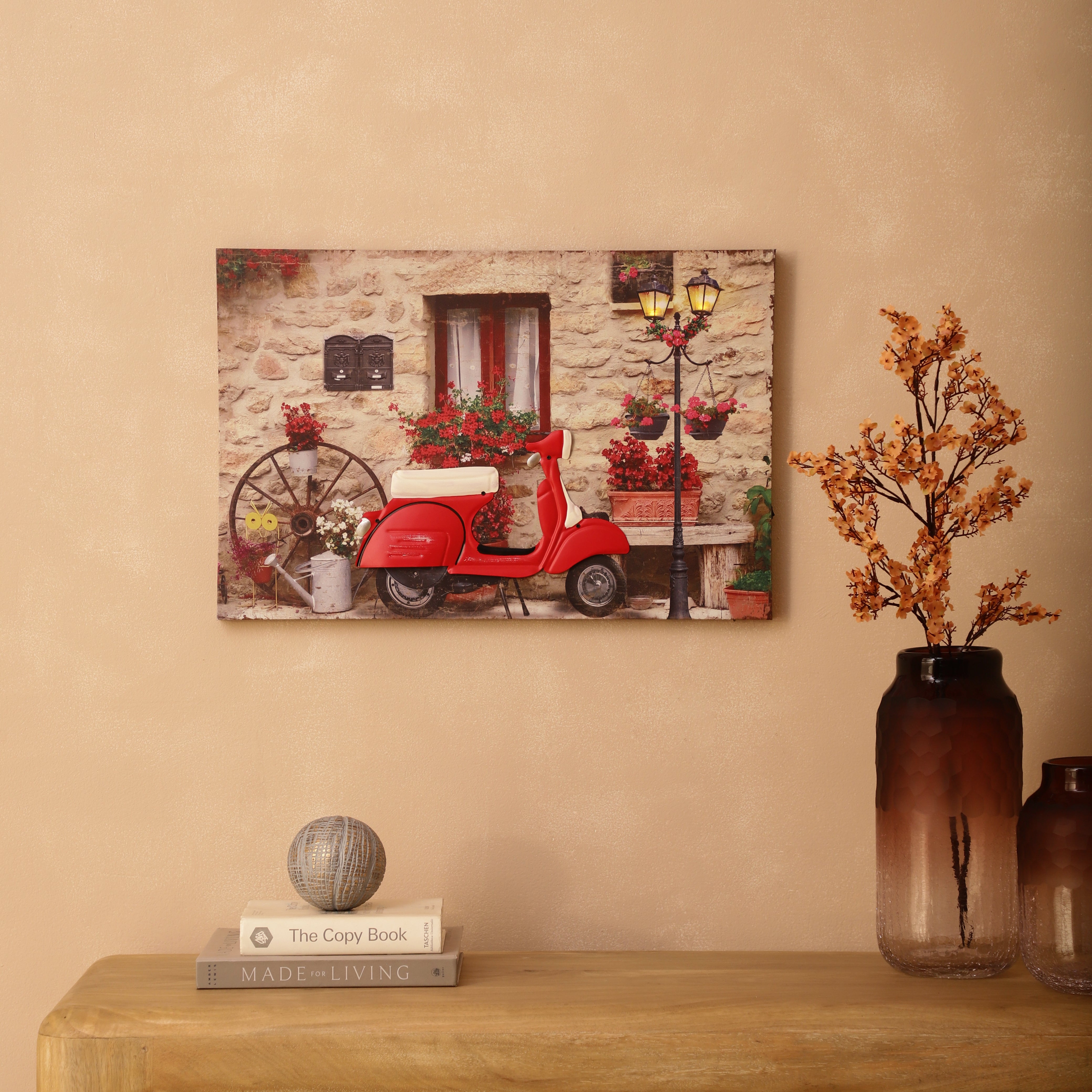 Red Vespa Courtyard Canvas Art with Battery-Powered Light