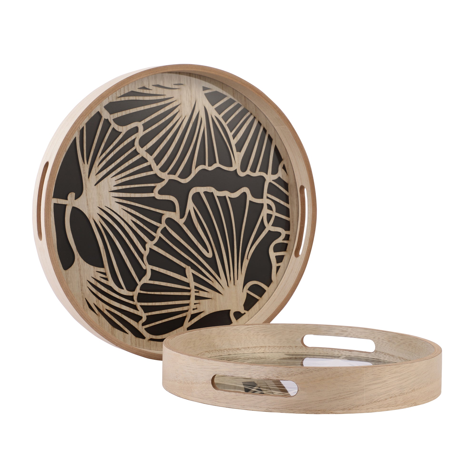 Floral Round Wooden Serving Trays (Set of 2)
