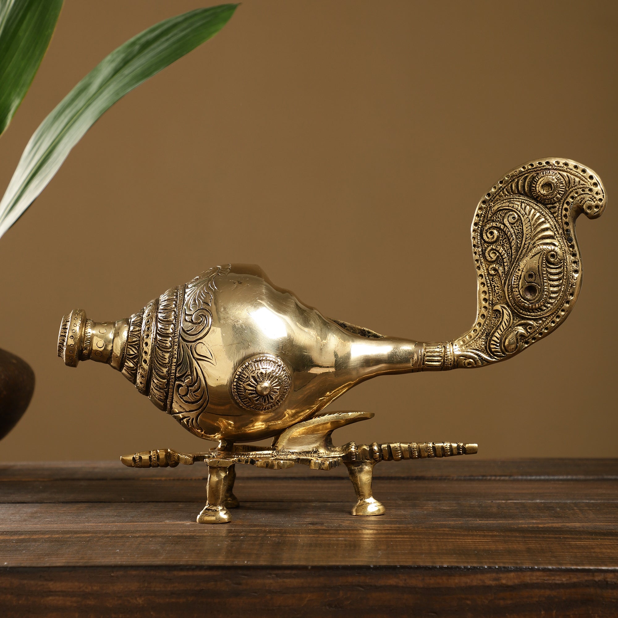 Handcrafted Brass Shankh - Peacock Detailing