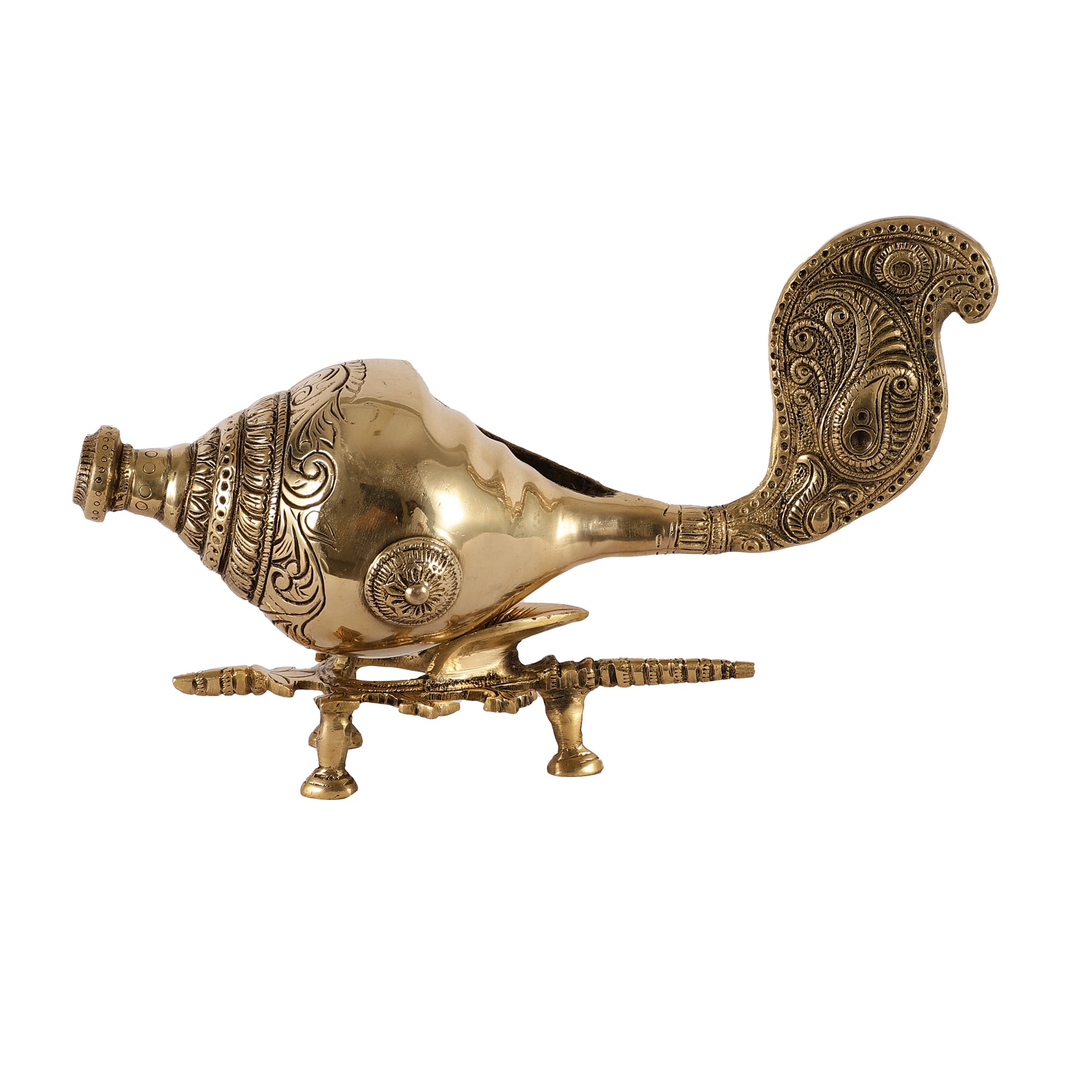 Handcrafted Brass Shankh - Peacock Detailing