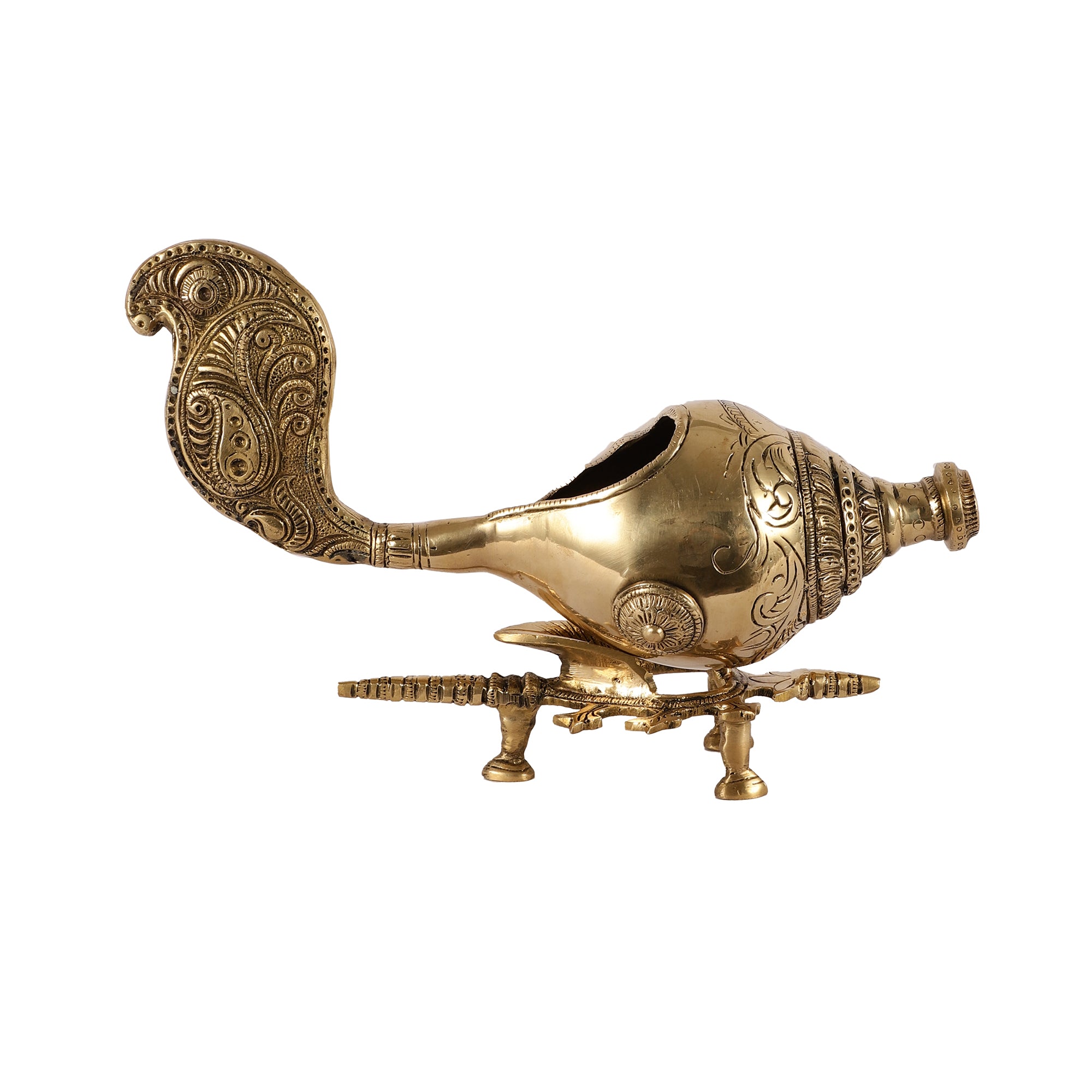 Handcrafted Brass Shankh - Peacock Detailing