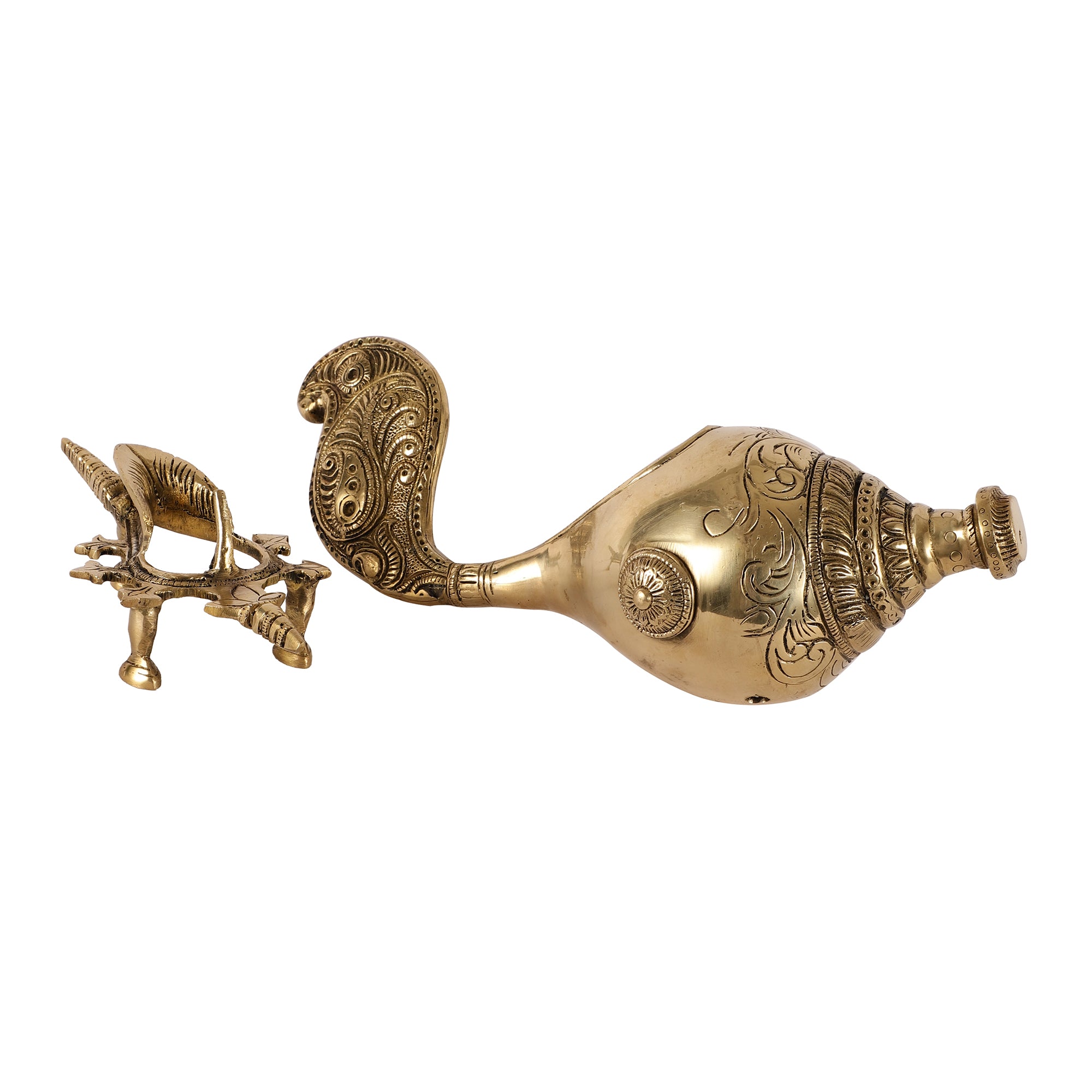 Handcrafted Brass Shankh - Peacock Detailing