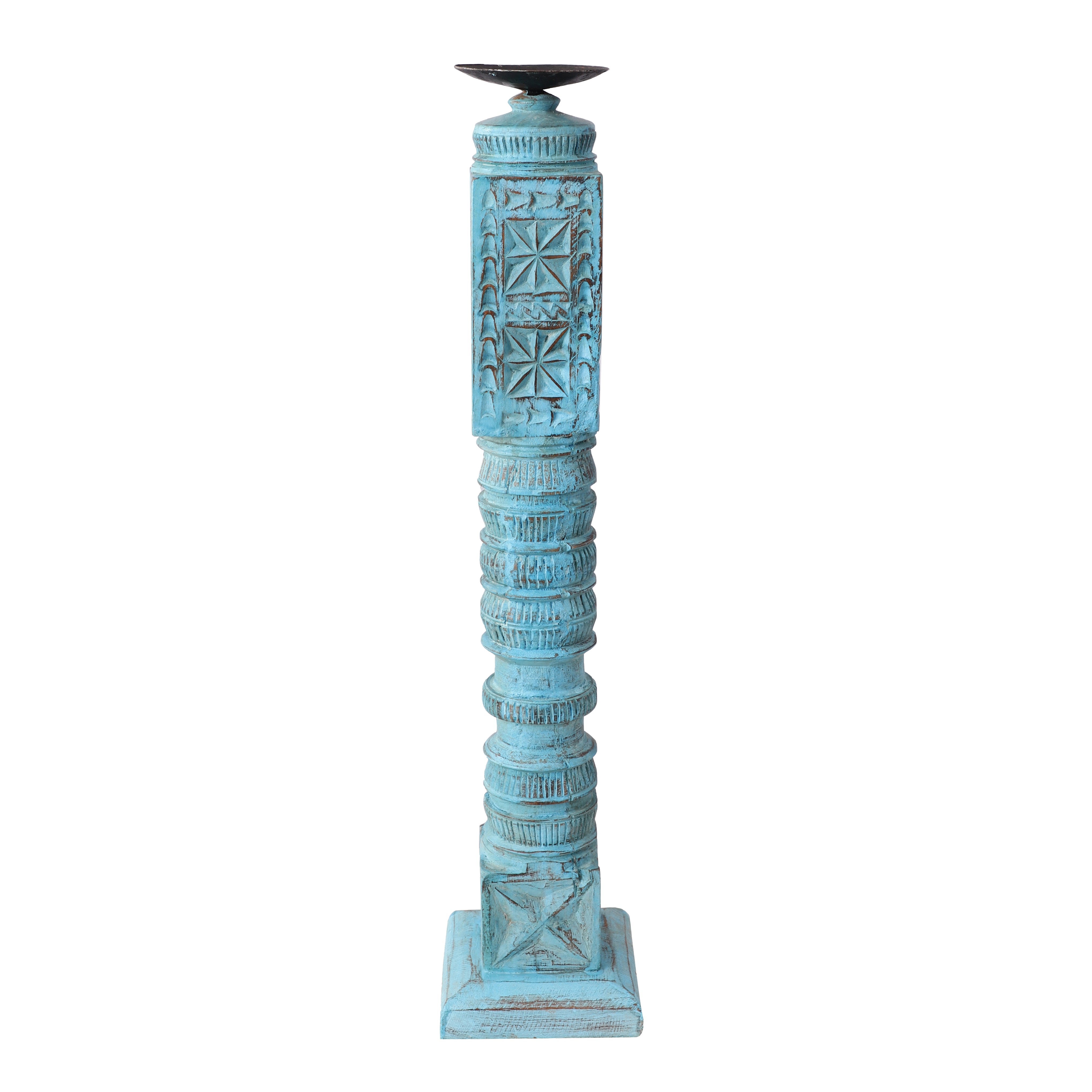 Cross Carved Wooden Candle Stand (Blue)