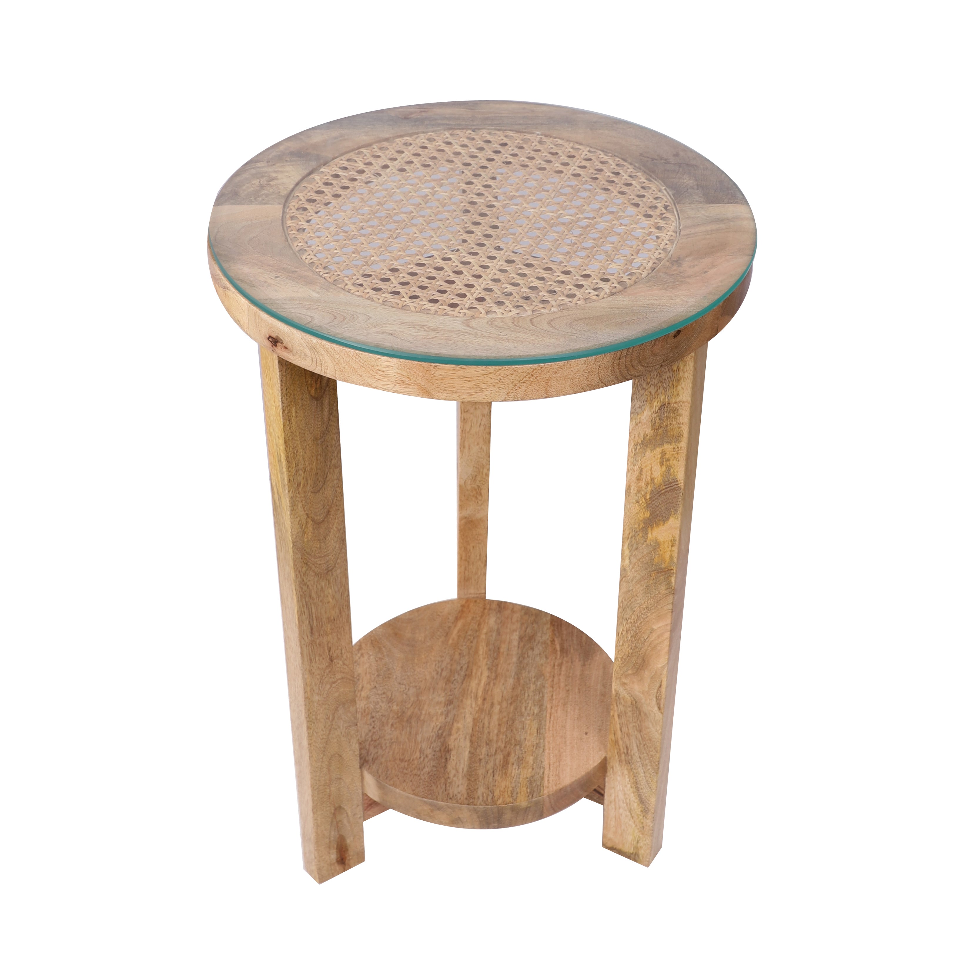 Cane Glass Top Wooden Side Table