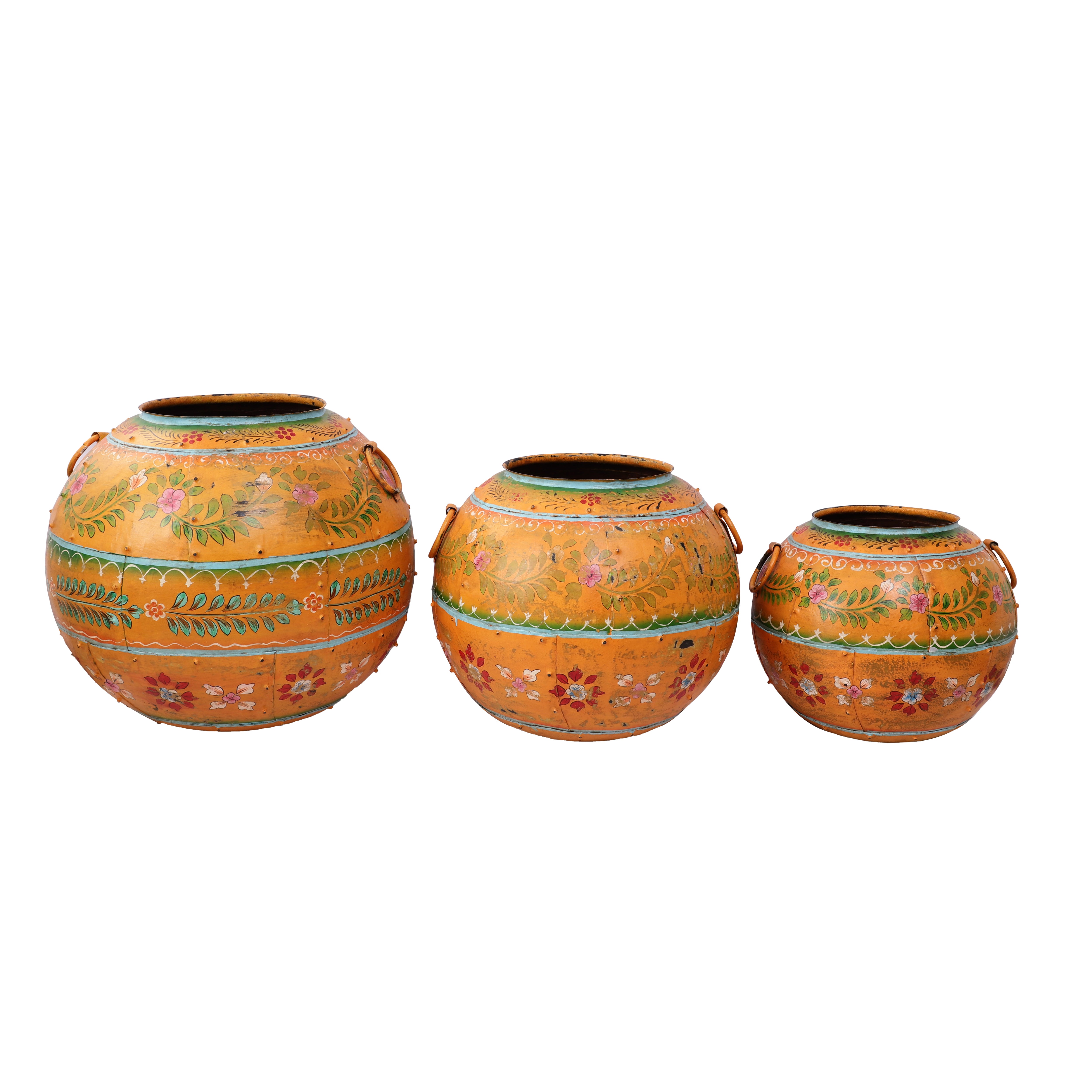 Orange Handpainted Round Metal Pot (Single)
