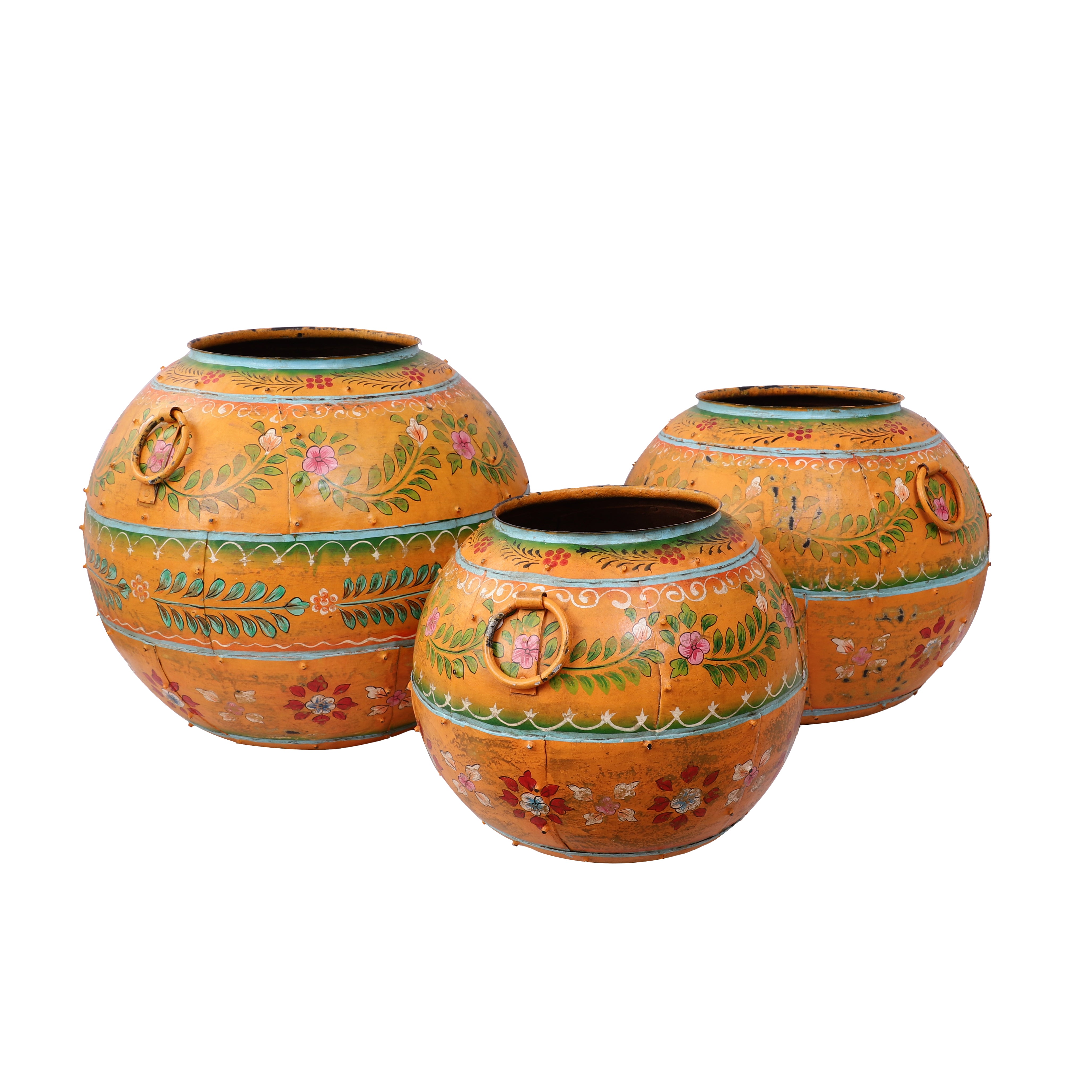 Orange Handpainted Round Metal Pot (Single)