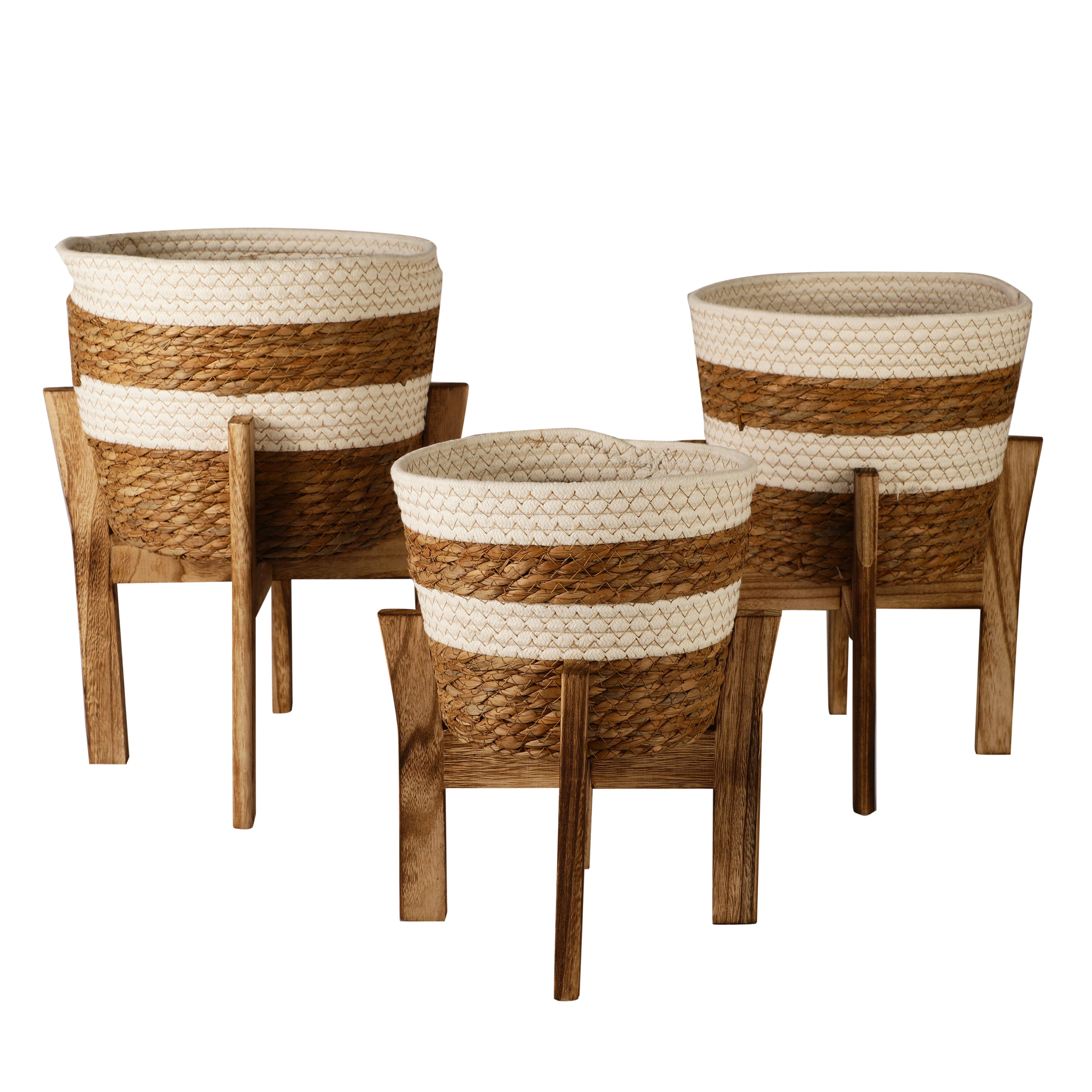 Jute Plant Baskets with Wooden Stands (Set of 3)
