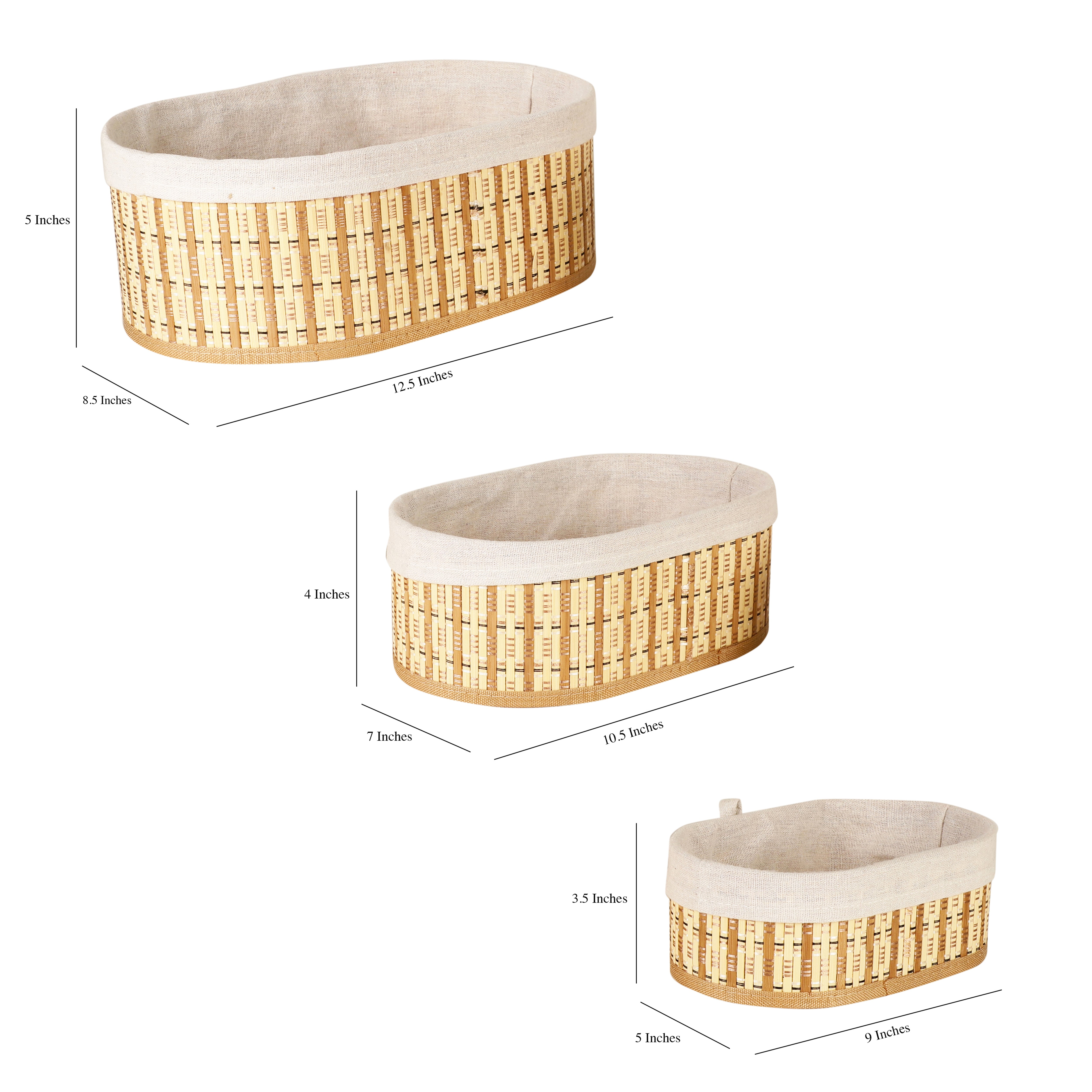 Bamboo Lined Storage Baskets (Set of 3) - Oval