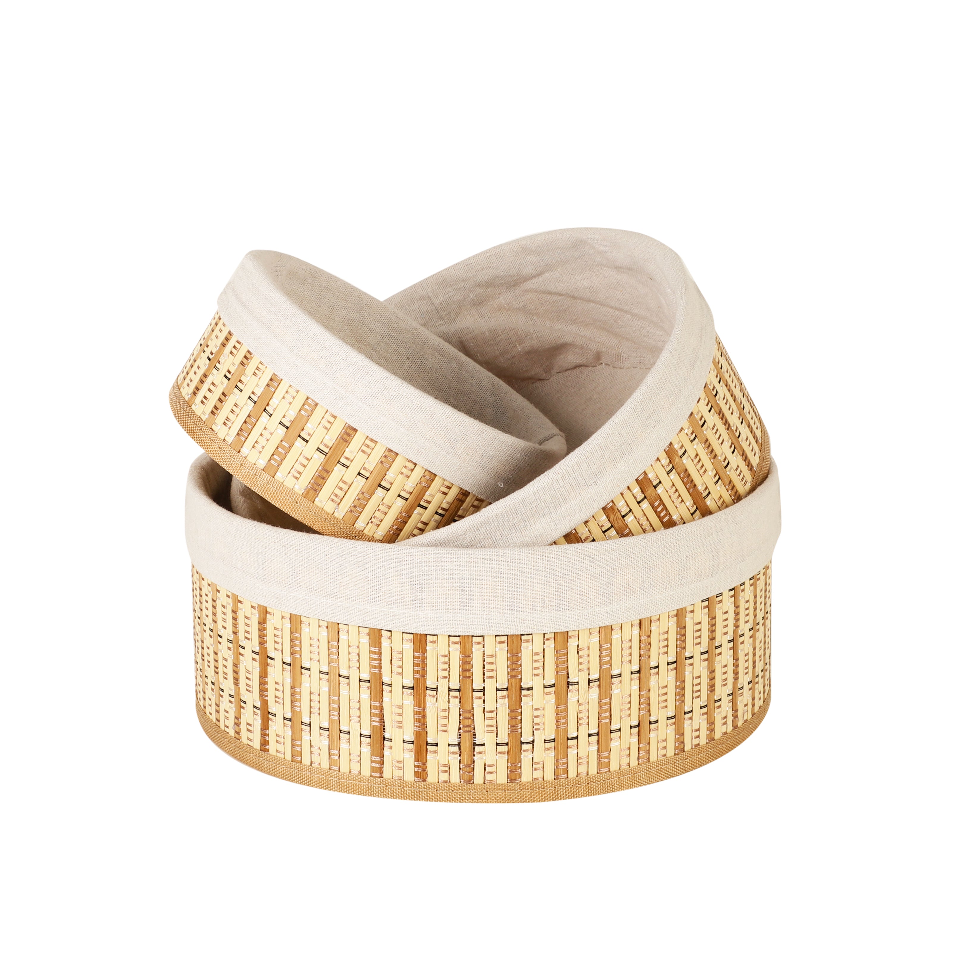 Bamboo Lined Storage Baskets (Set of 3) - Round