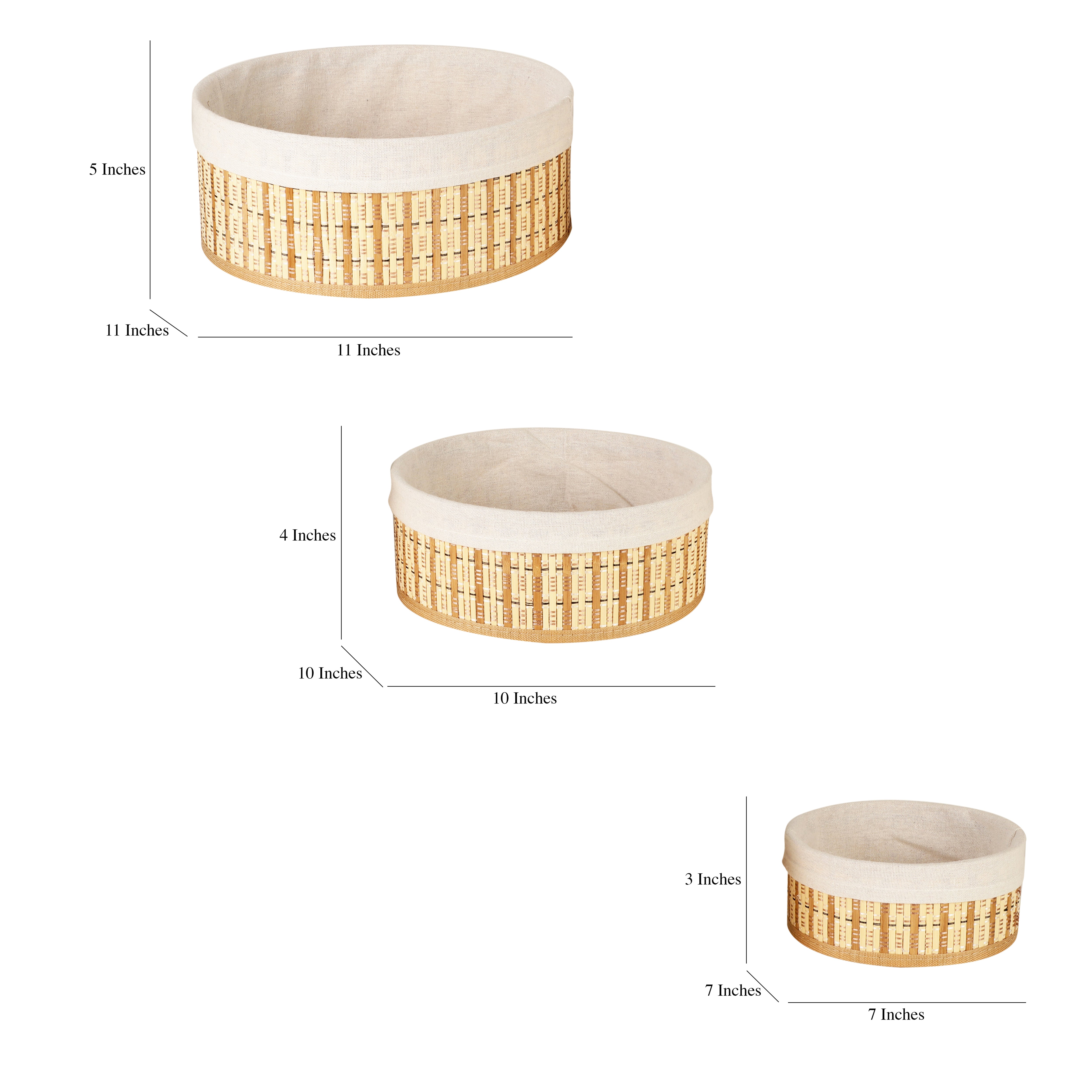 Bamboo Lined Storage Baskets (Set of 3) - Round