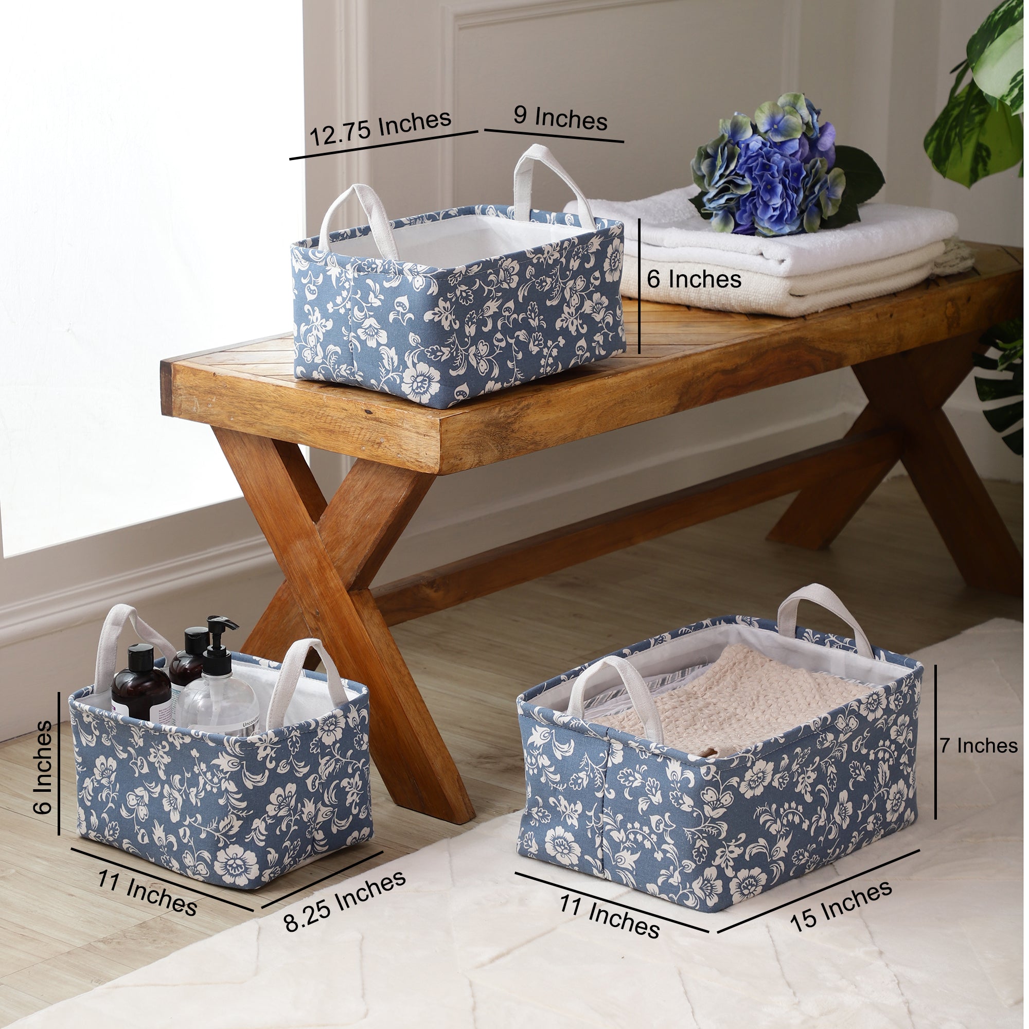 Floral Blue Storage Bins (Set of 3)