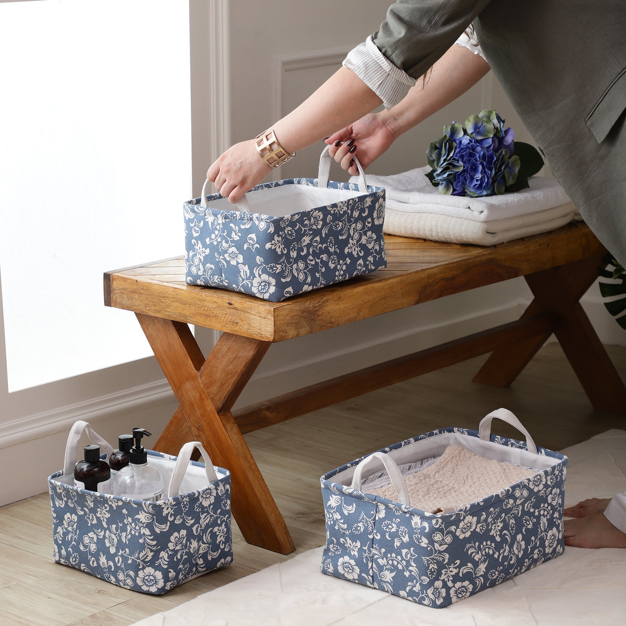 Floral Blue Storage Bins (Set of 3)