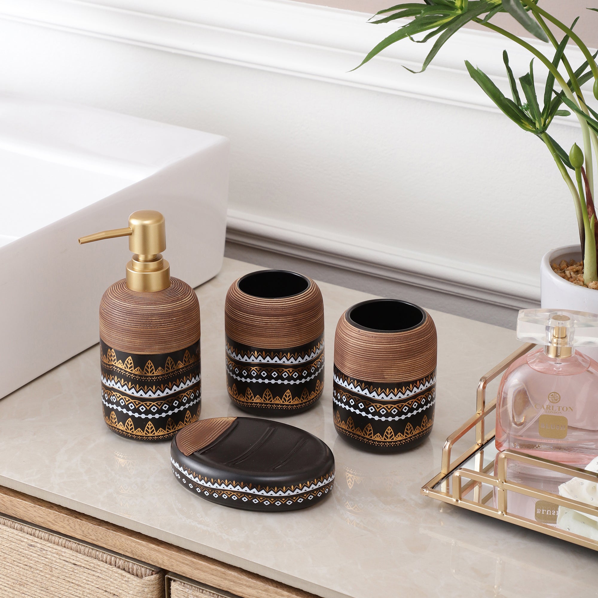 Earthy Aztec Pattern 4 Piece Bath Set (Black)