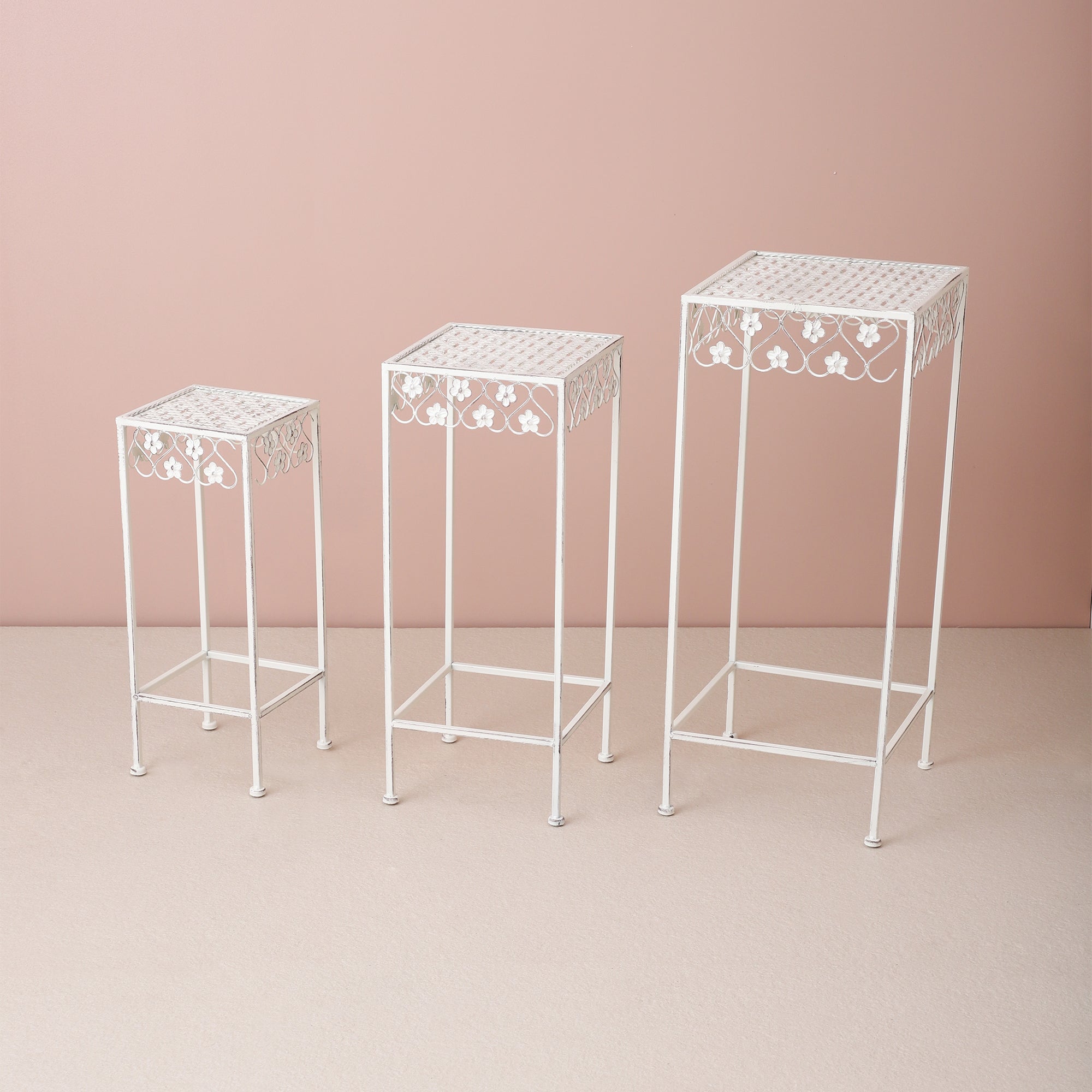 White Meshed Pattern Outdoor Tables (Set of 3)