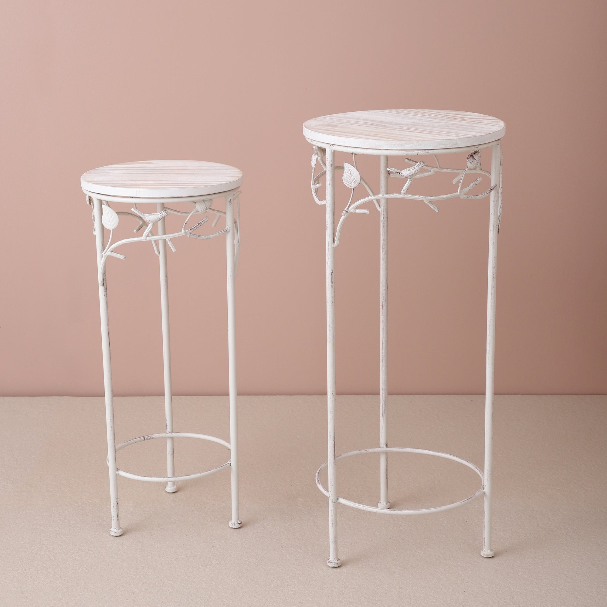 Round Bird Pattern Wood & Metal Tables (Set of 2)