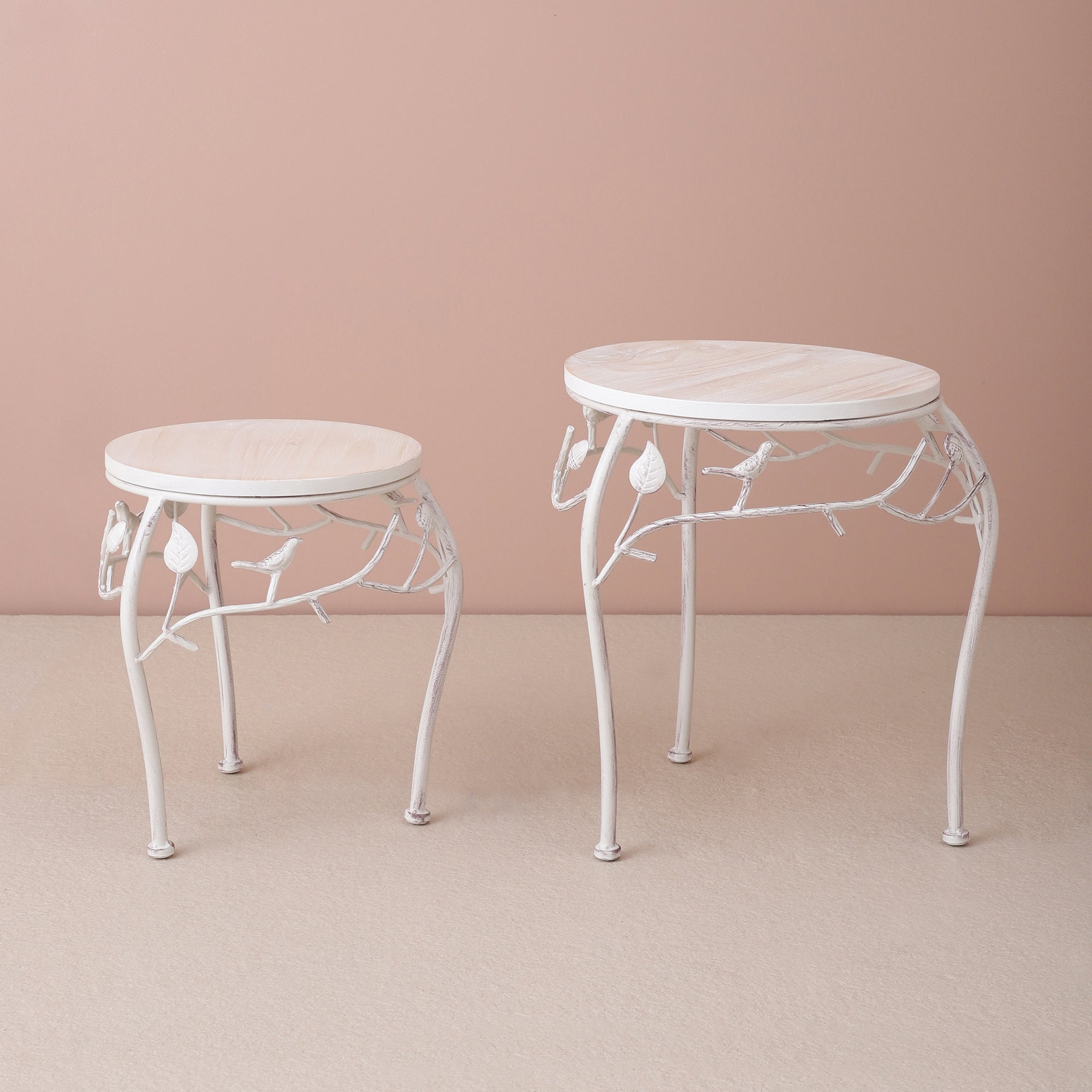 Round Bird Pattern Wood & Metal Short Tables (Set of 2)