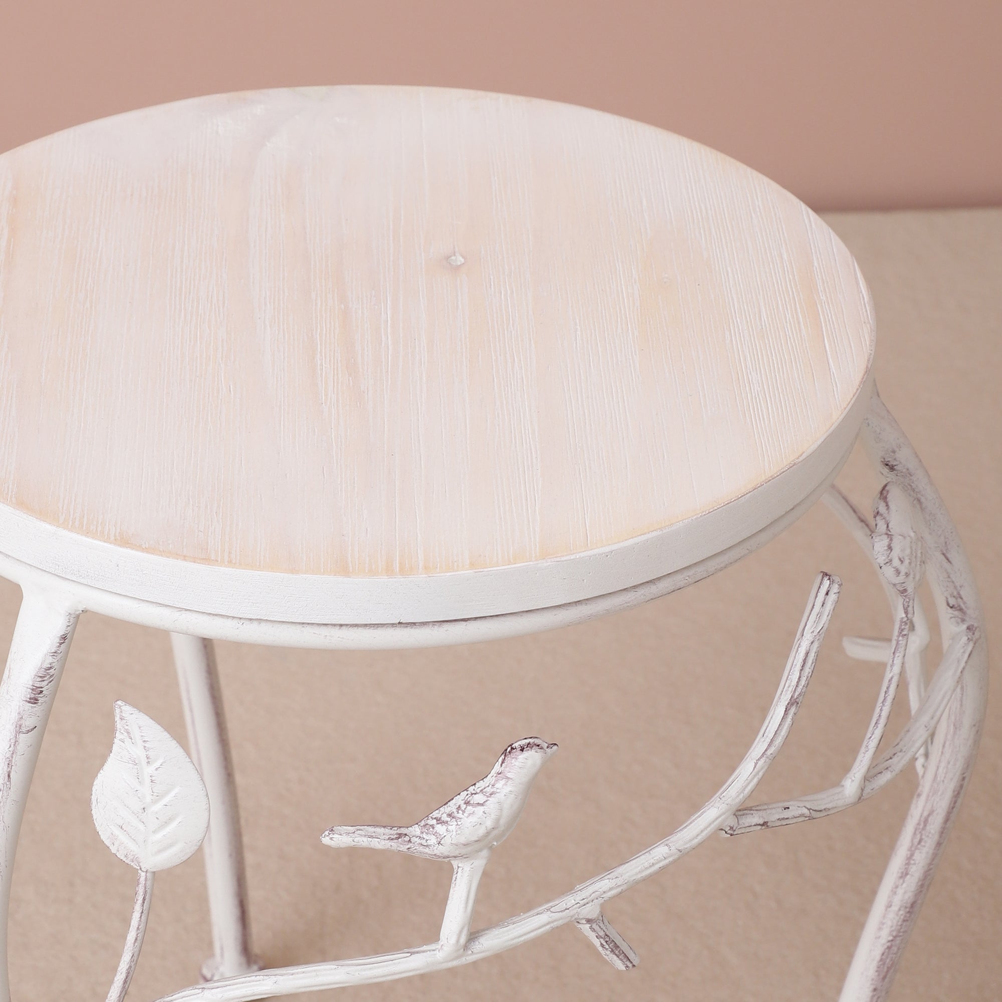 Round Bird Pattern Wood & Metal Short Tables (Set of 2)