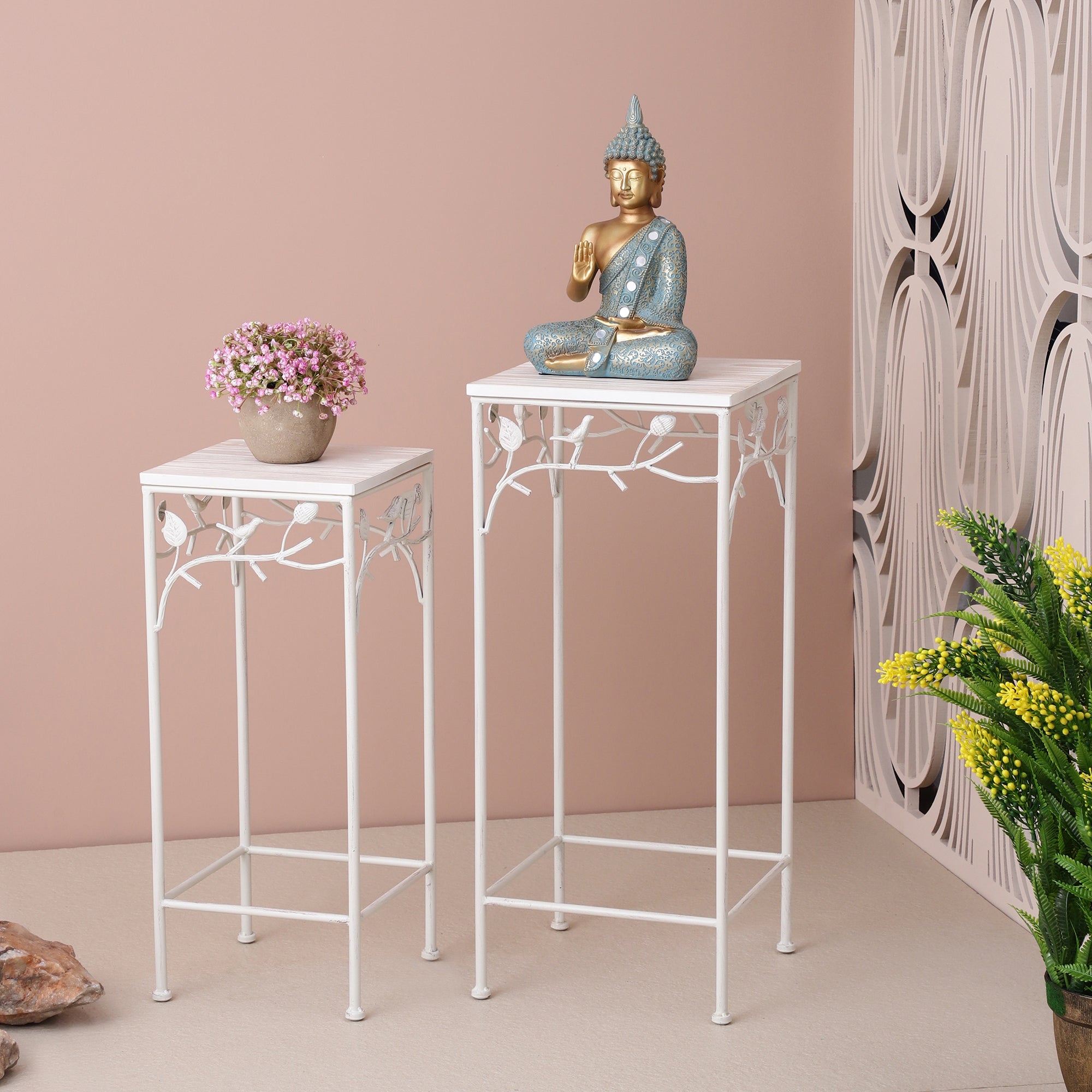 Square Bird Pattern Wood & Metal Tables (Set of 2)