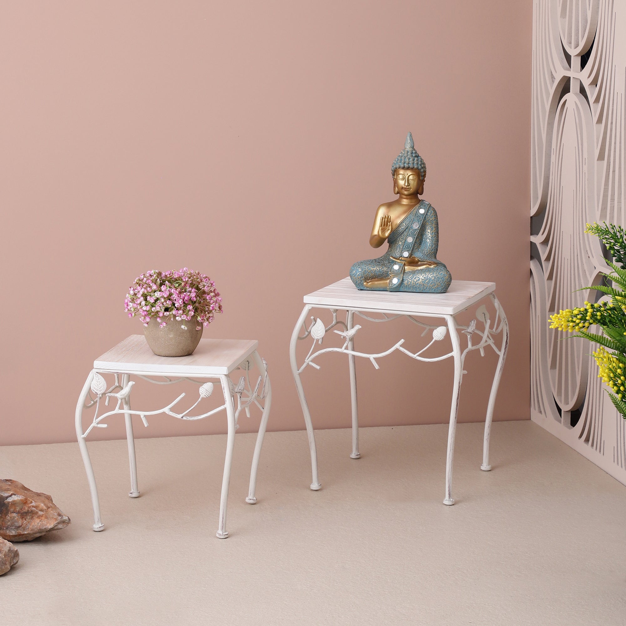 Square Bird Pattern Wood & Metal Short Tables (Set of 2)