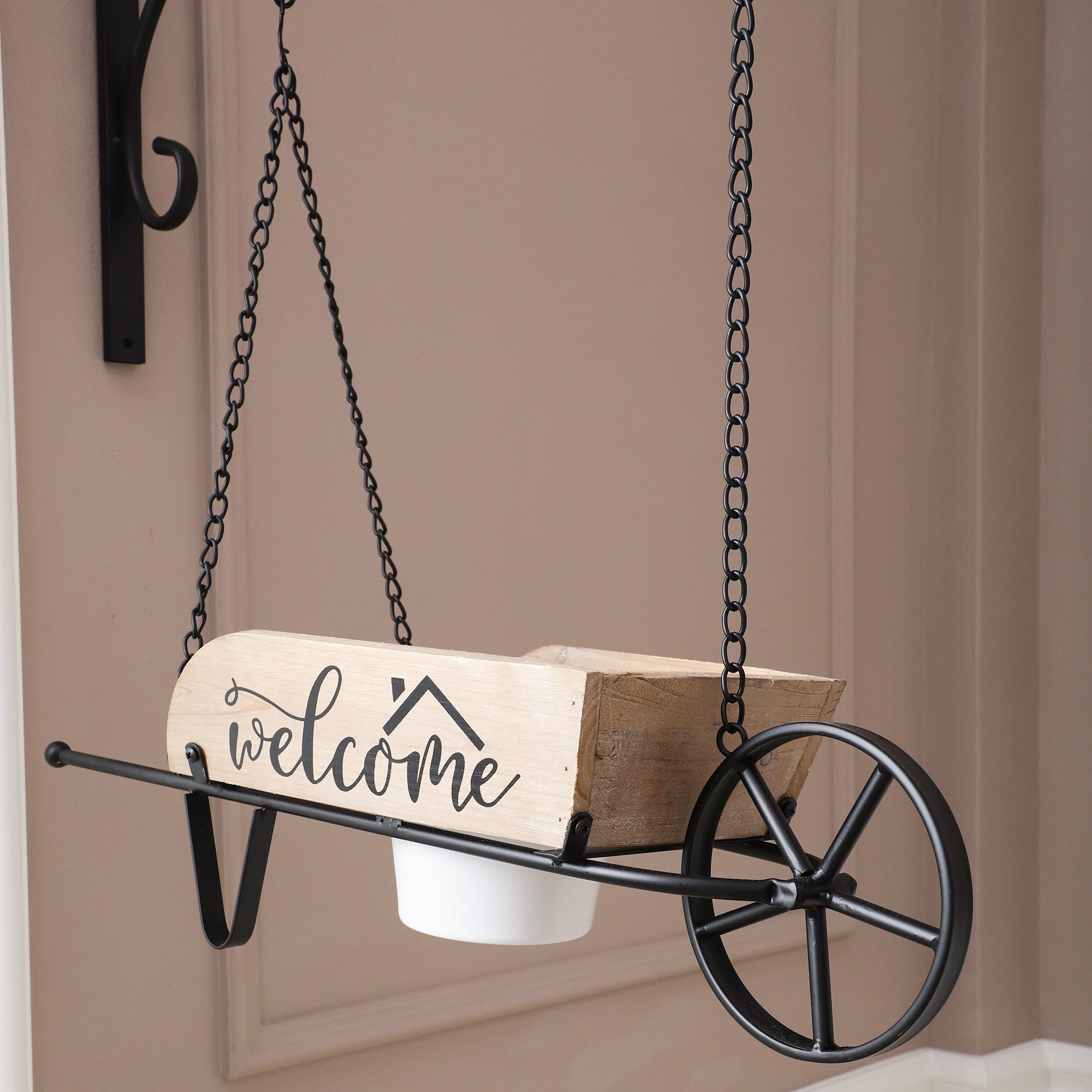 Wall Hanging Wheel Barrow Planter (Brown)