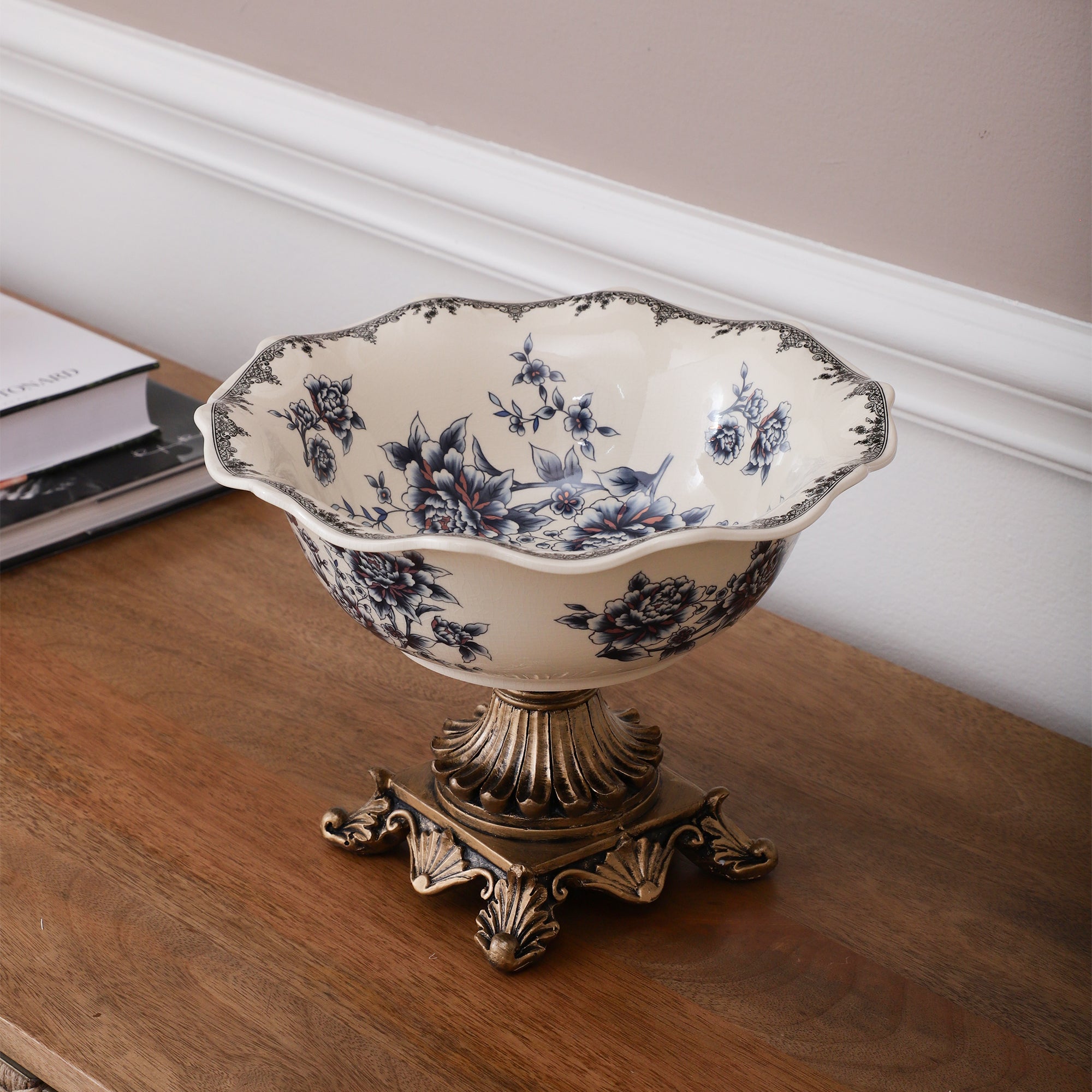 Blue Round Ceramic Bowl With Gold Base (Large)