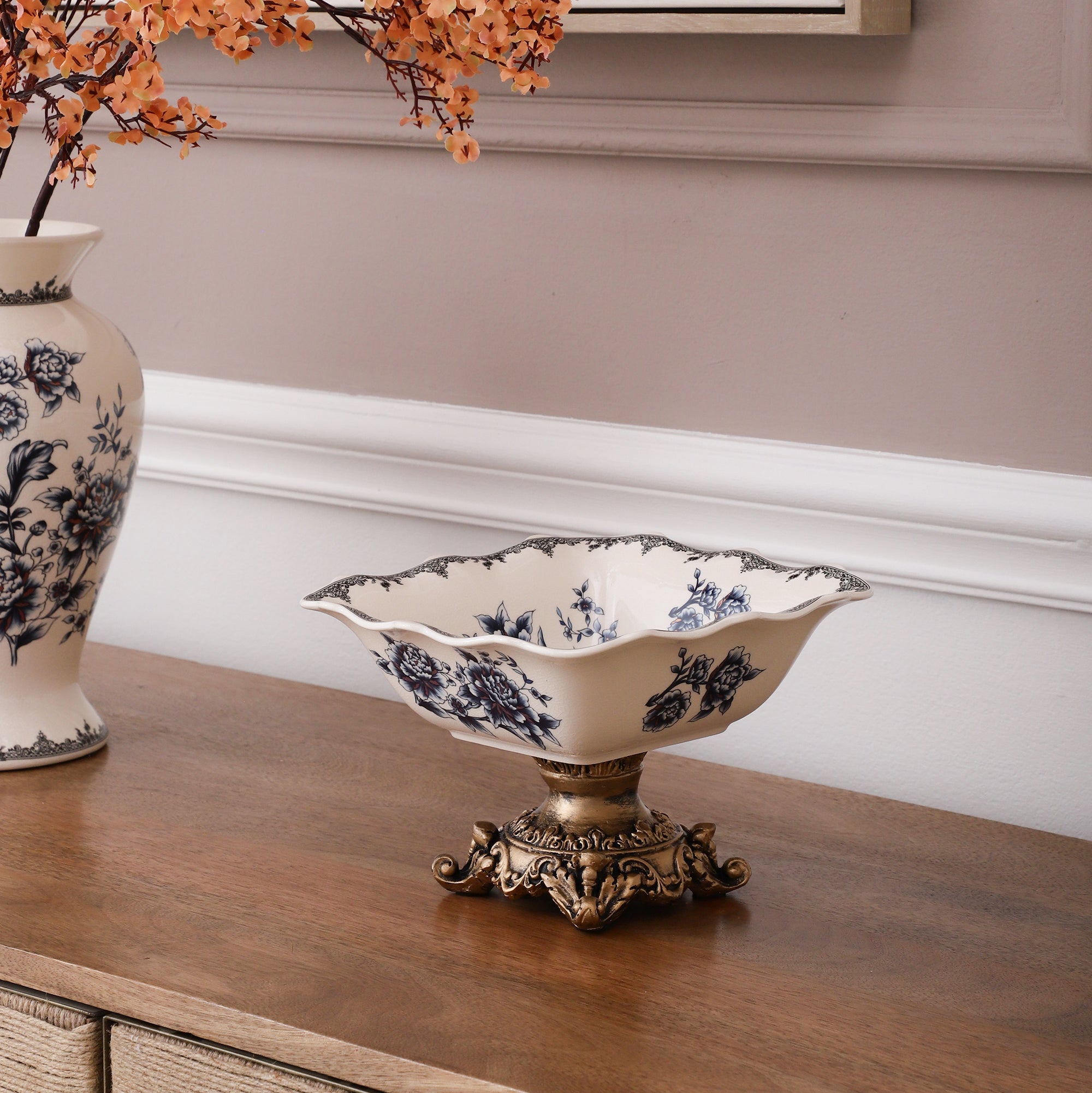Blue Square Ceramic Bowl With Gold Base