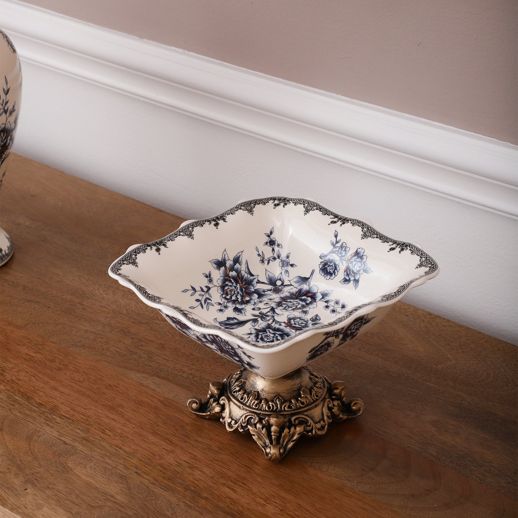 Blue Square Ceramic Bowl With Gold Base