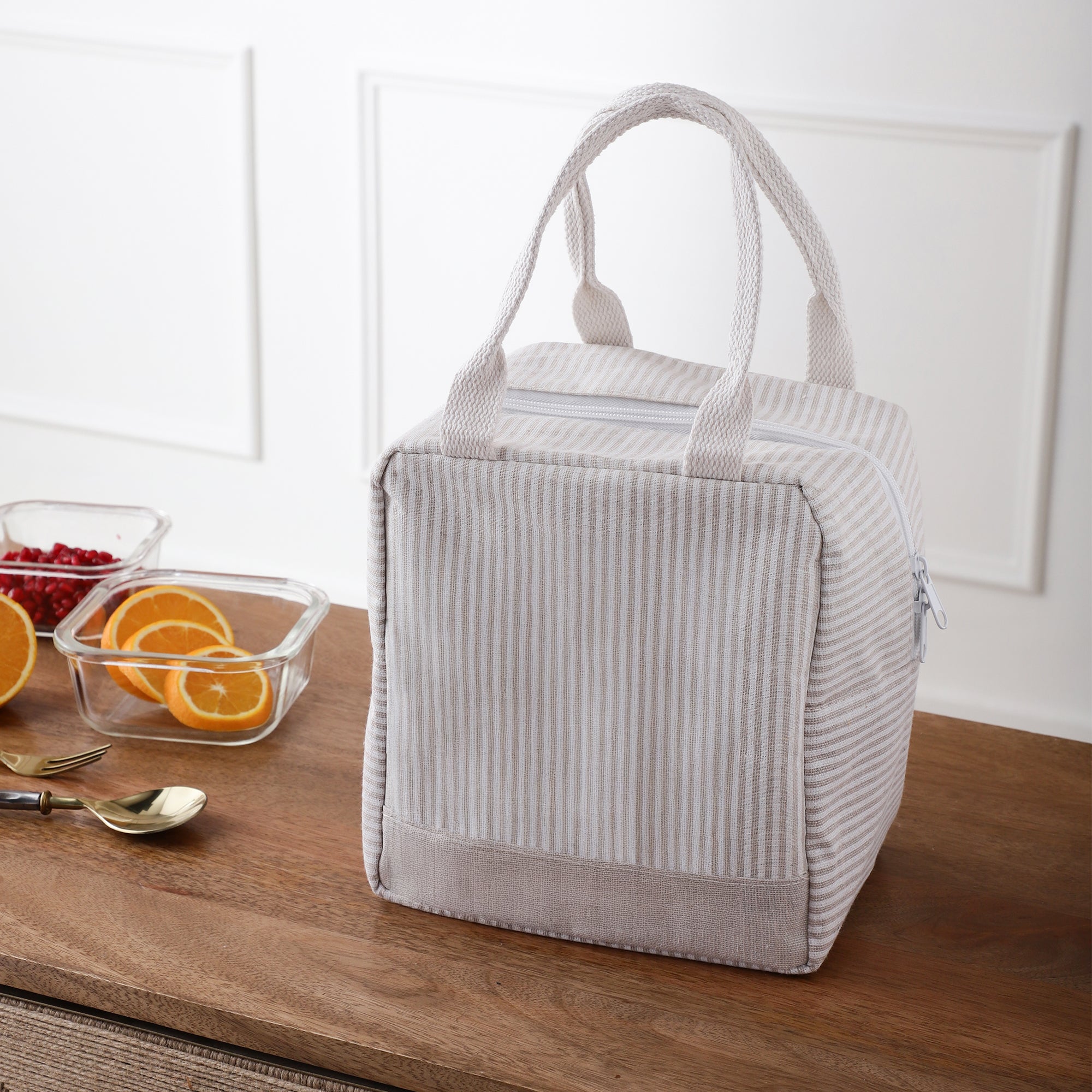 Modern Striped Insulated Lunch Bag (Beige)