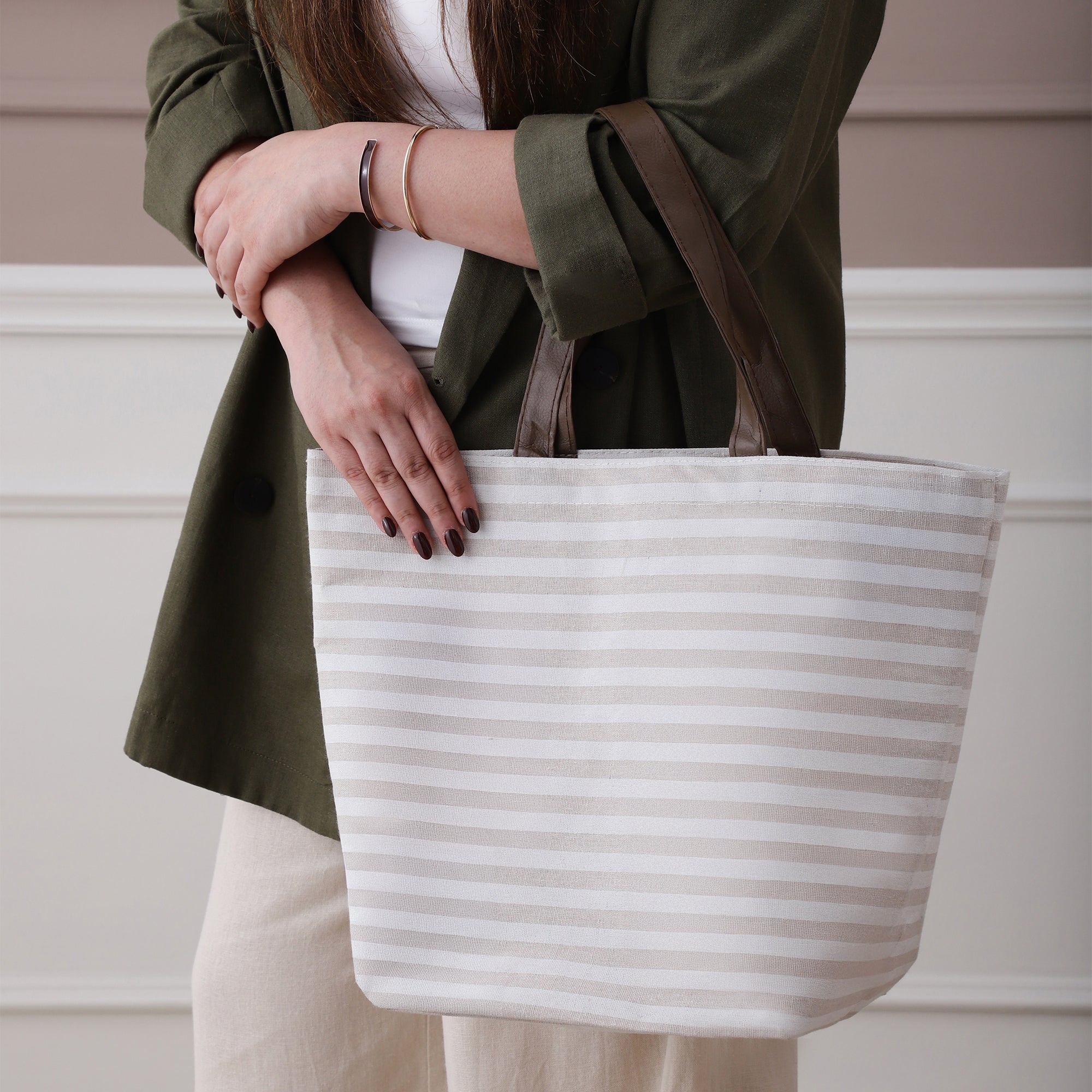 Beige Stripe CarryAll Tote with Leather Handles